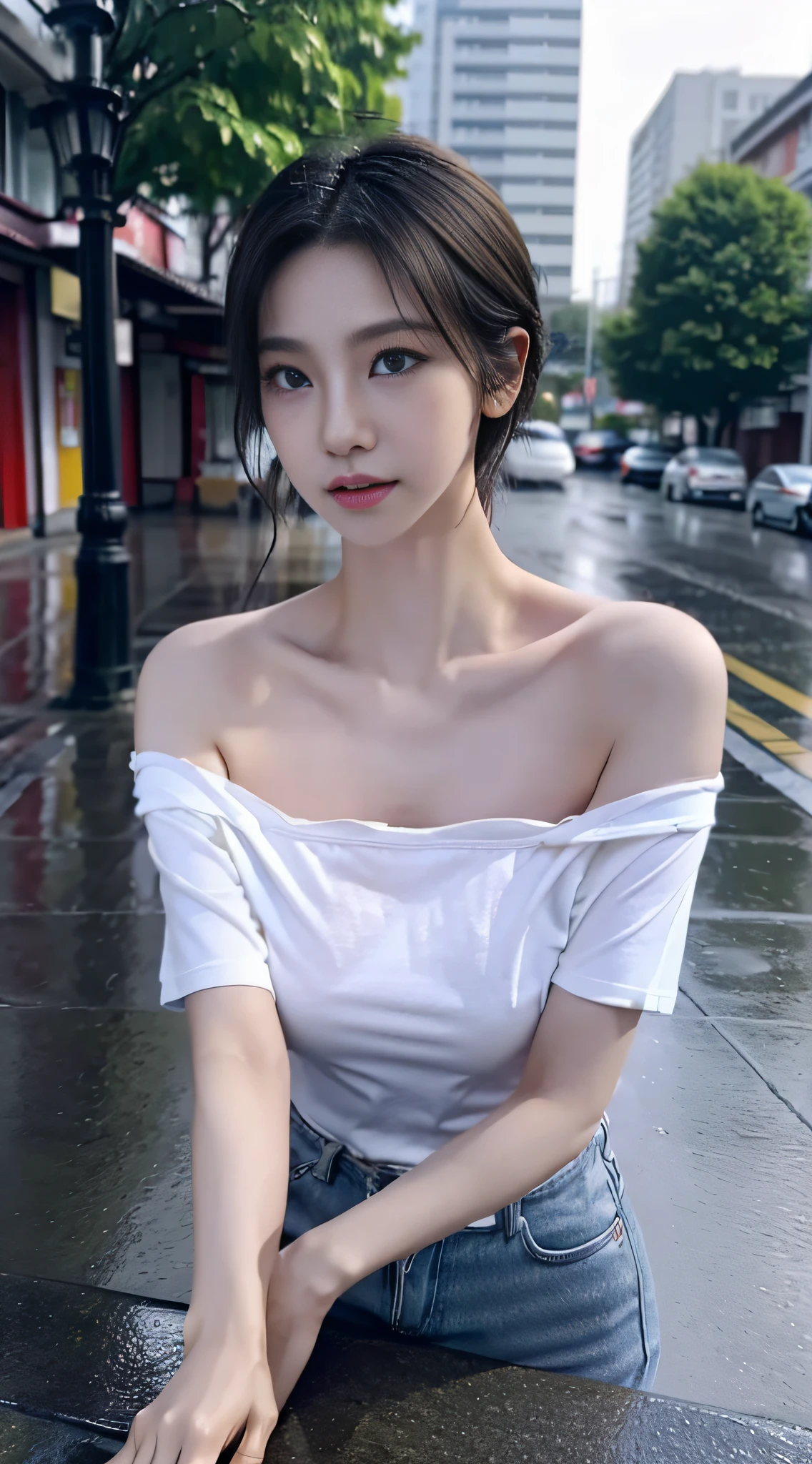 Young Japanese woman standing,  ((On City Street)),  ((Fully clothed)), ((Off-the-shoulder T-shirt dress)),((Barefoot)), blond with short hair, slim build, two tone color hair, mid afternoon, Gray light, Overcast, Detailed background, Dark, busy street, crowding street, Cinematic, pessimistic, Masterpiece,  Best quality, RAW photo, up-close, zoomed,  Photorealistic, ((view the viewer)), Hold yourself, Translucent, dripping wet, beautiful realistic photo, Surreal fantasy photos,  Close up, Tight Frame, 8K, Ultra detailed, Detailed skin, Blue eyes, Dark skin, ((Drenched)), ((Soaked)), (Dripping water), Saggy clothes, wet street, Wet all over, wet dripping hair, angle of view, (posed for photo) Portrait, Close-up, bottom angles, Mist, ((heavy rain)), ((Hazy rain)), Rain on the face, wet face, Shallow depth of field