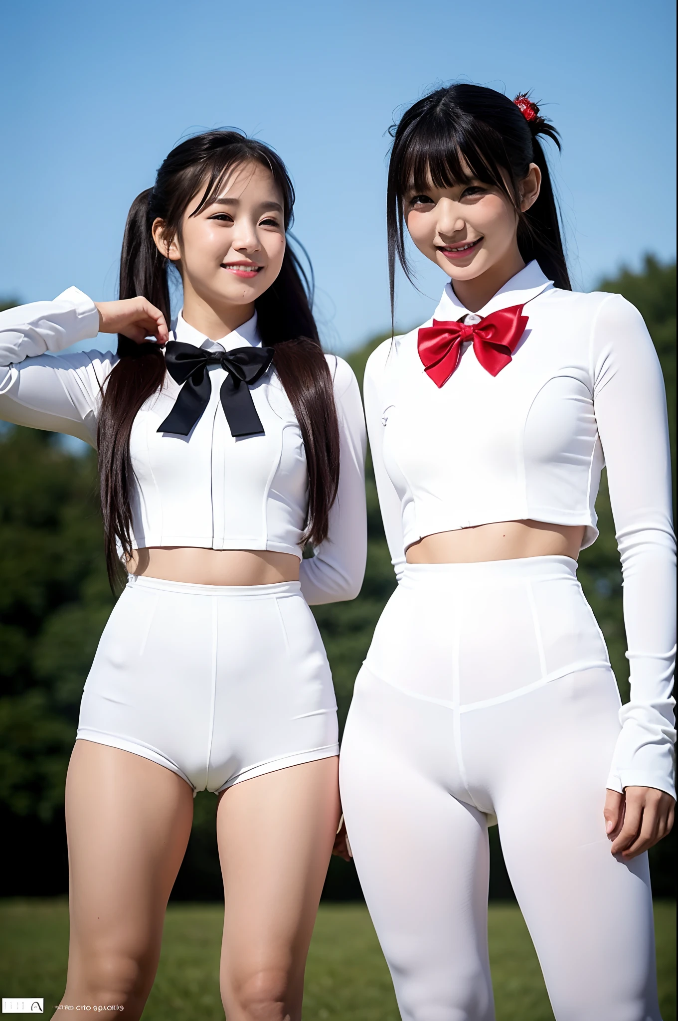 girls standing in school field,long-sleeved and seemless white jumpsuit style unitard with long compression shorts and long leggings,red bow tie,hair bow,18-year-old,bangs,a little smiles,thighs,crotch,knees,ponytail,from below