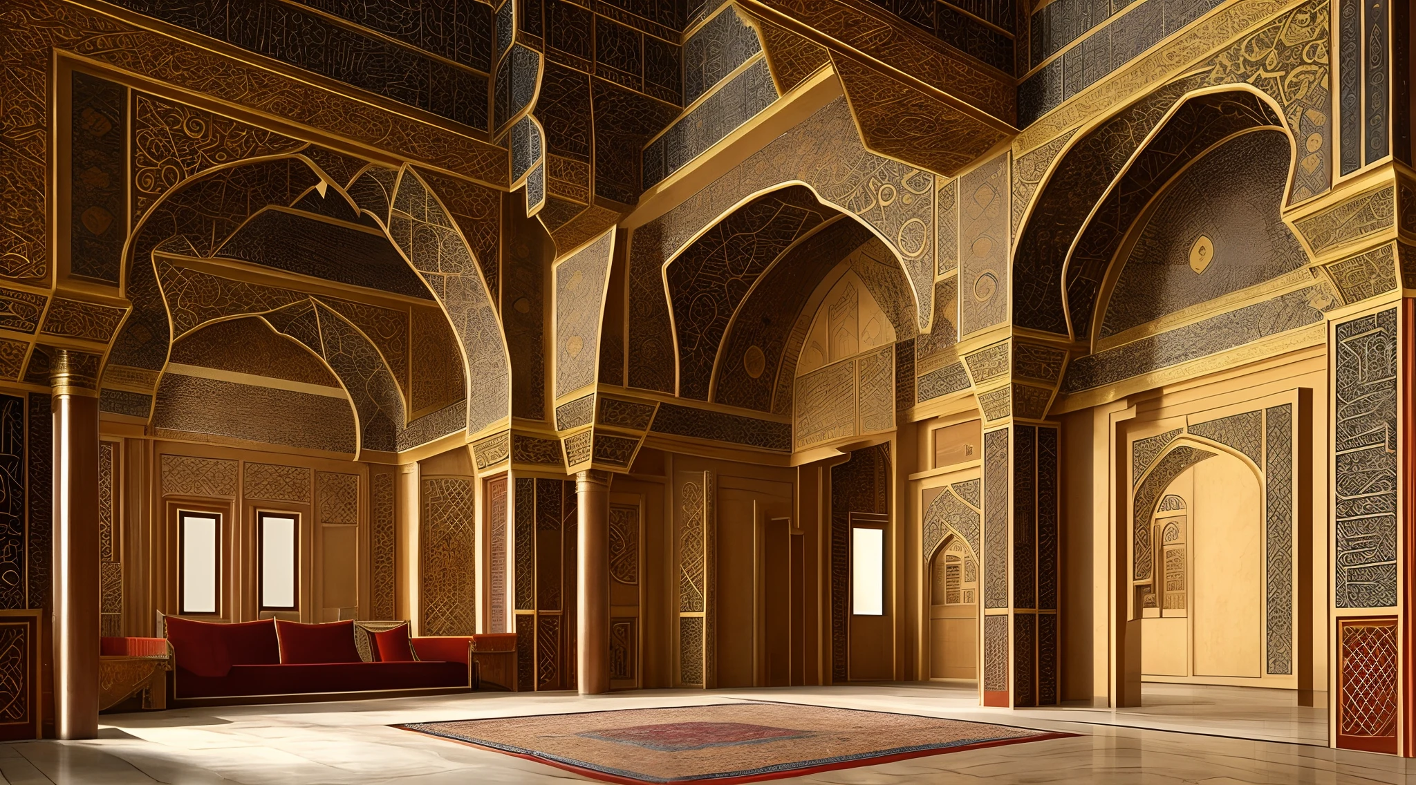 interior view of a mansion in 16th century Arabia, either Basra or Ormuz, very luxurious, building structure like a harem or mosque, building structure with elements of a turkish harem or mosque, orientalism, inside a mansion, interior, rich, grand, stairs, Muslim style, Islamic, elegant, House of Vizier, House of Emir, 16th century, medieval, no people, no word, no wordings, no signature