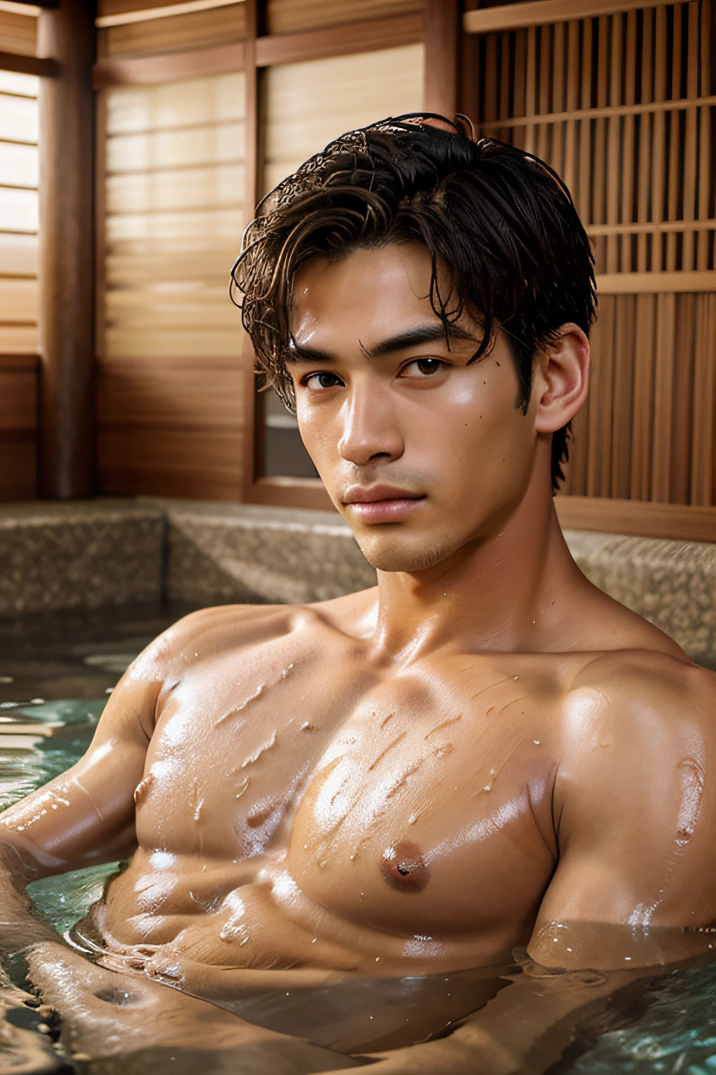 (best quality, masterpiece), 1boy, handsome, kpop idol, intricate details, handsome detailed face, completely naked, penis, muscular, bathing in onsen, looking at viewer, depth of field, detailed background, diffused natural sunlight, natural skin glow, highly detailed glossy eyes