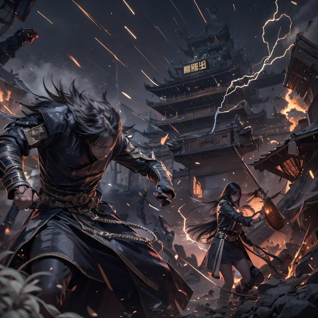 (废墟)eyes filled with angry,He clenched his fists,Rush up,Deliver a fatal blow to your opponent,full bodyesbian,Full Body Male Mage 32K(tmasterpiece,k hd,hyper HD,32K)Long flowing black hair,Camping site area,zydink, a color, patriot (废墟), (Linen batik scarf), Angry fighting stance, looking at the ground, Batik linen bandana, Chinese python pattern long-sleeved garment, (Abstract propylene splash:1.2), Dark clouds lightning background,Flour flies(realisticlying:1.4),Black color hair,Flour fluttering,Background fog, A high resolution, the detail, RAW photogr, Sharp Re, Nikon D850 Film Stock Photo by Jefferies Lee 4 Kodak Portra 400 Camera F1.6 shots, Rich colors, ultra-realistic vivid textures, Dramatic lighting, Unreal Engine Art Station Trend, cinestir 800,Flowing black hair,(((Male mage))),The male mage was furious,