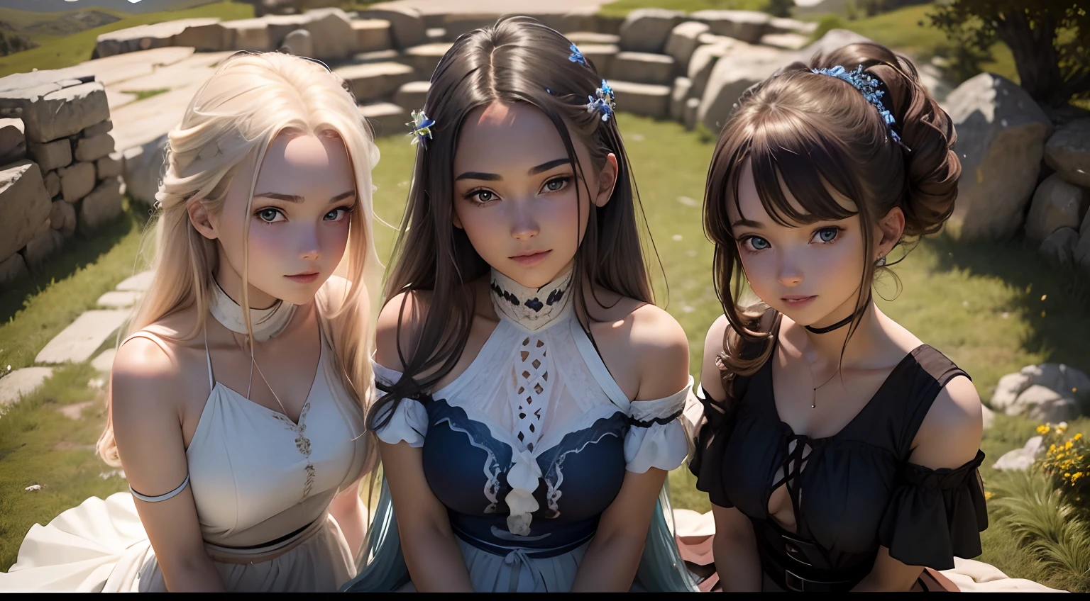 Full portrait photo from below of a beautiful 18 year old girl with golden hair, sitting on a high mountain with cool breeze, behind is a clear blue cloudy sky, sitting next to two pretty little girls, "Blue eyes , smiling with radiant teeth, slim waist, long white legs..."