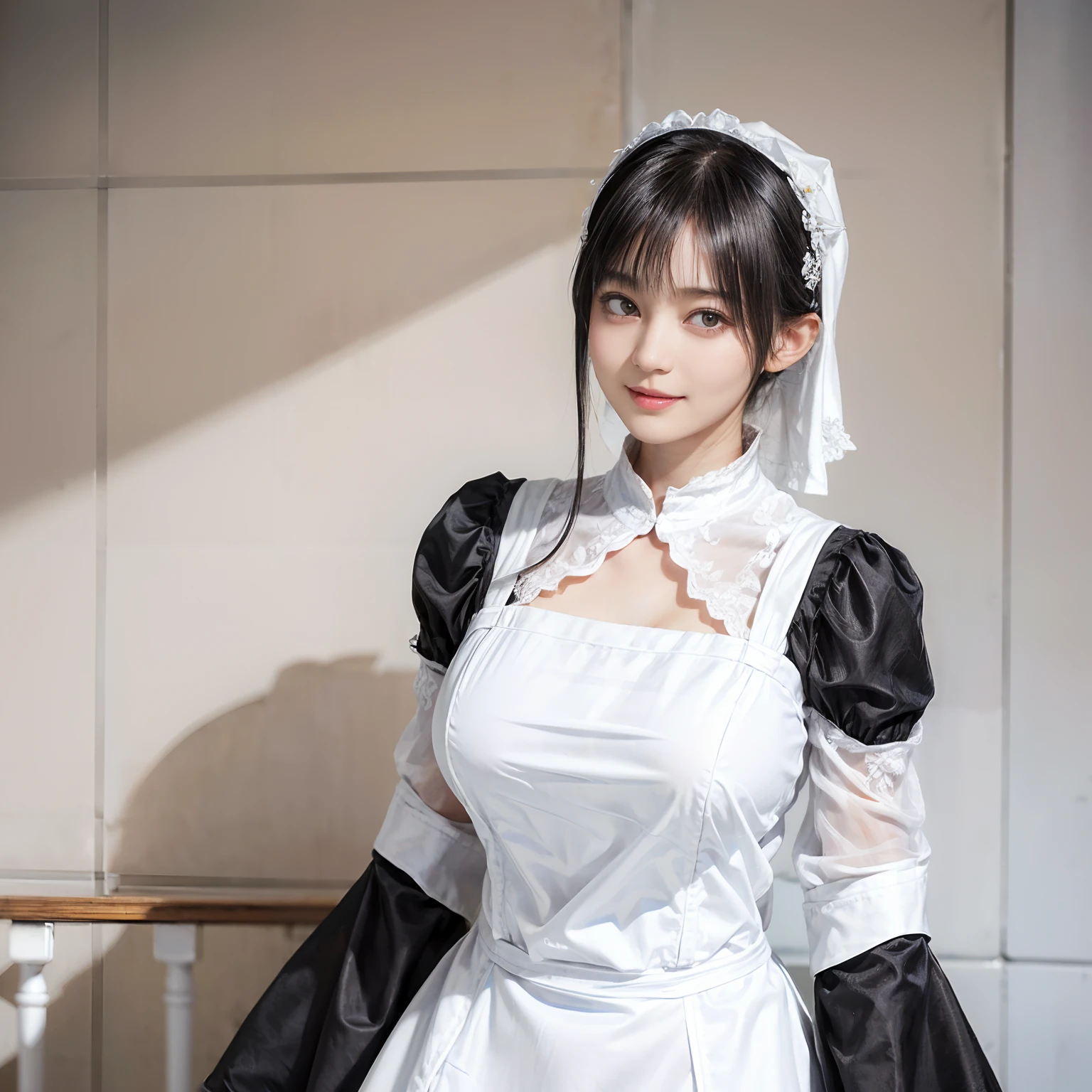 masterpiece, best quality, highres, absurdres, 8k, 4k, official art,, , (flat_color:0.9),, , 1girl, large_breasts, maid uniform, Grey hair, , ,