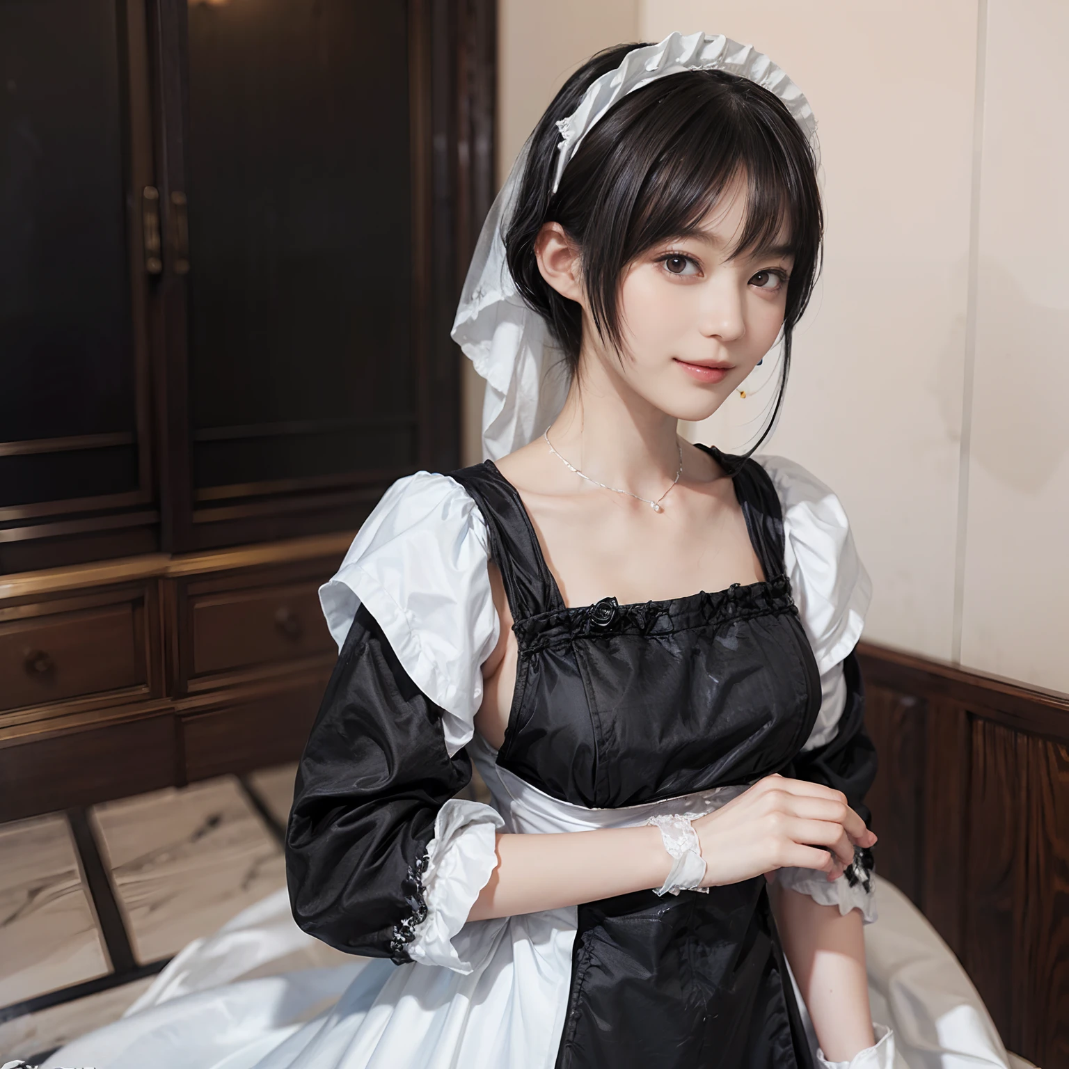 01
(Black Shorthair:1.3), (a 20 yo woman), (A hyper-realistic), (masutepiece), (8KUHD), Beautiful woman, A smile, (Wearing white maid clothes:1.3), Breast, Standing at a maid café