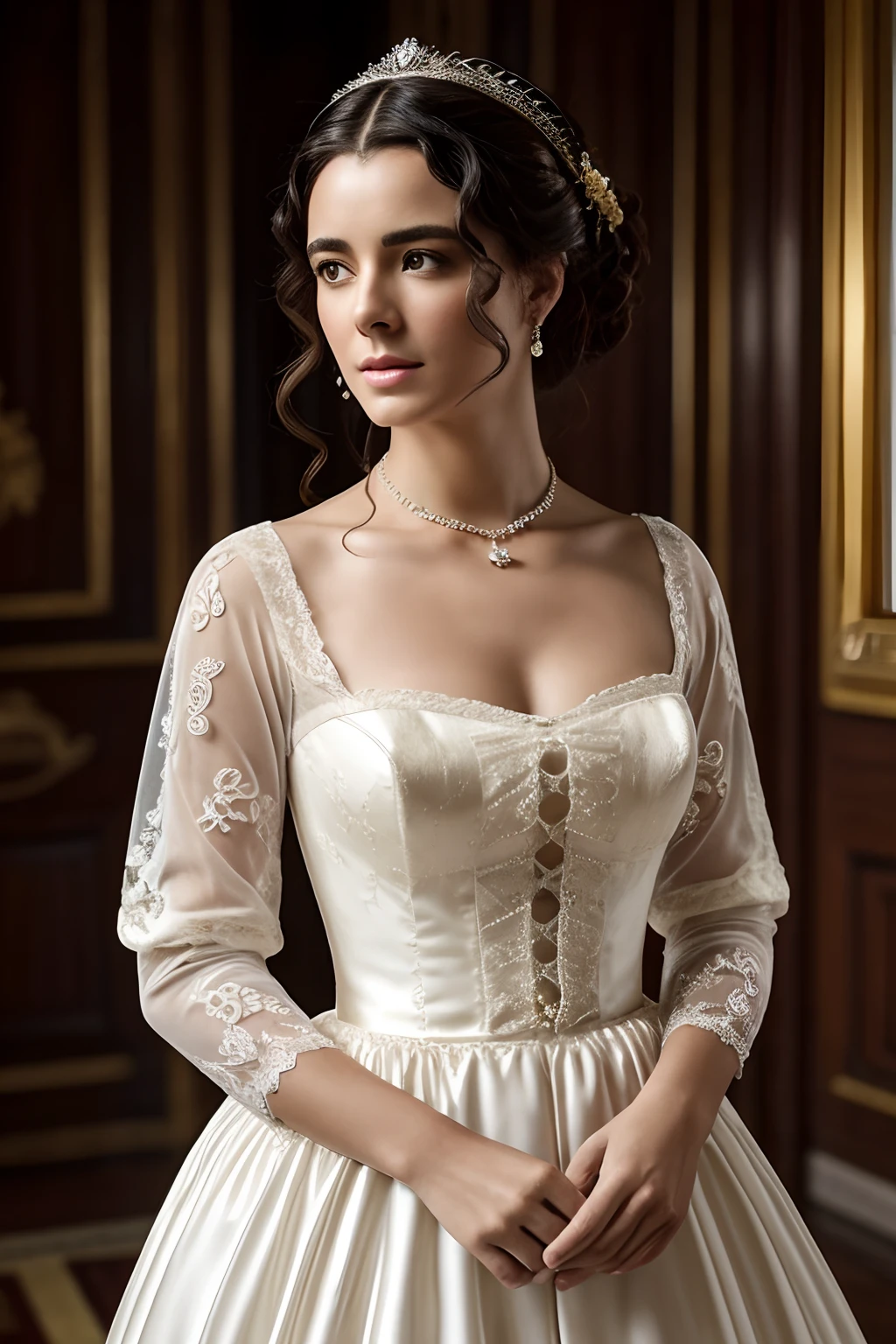 crie uma imagem de uma mulher delicada, white skin, mulher branca, cabelos pretos ondulados, pride and prejudice theme, palace background, beautiful vintage dress, waist image, 8k, Hiper realista, cinemactic, foco no rosto, The photo is taken with an 18 mm wide-angle camera, em 8k fotorrealismo, criando uma imagem que evoca tranquilidade e paz, romance, ouro. zoom no rosto