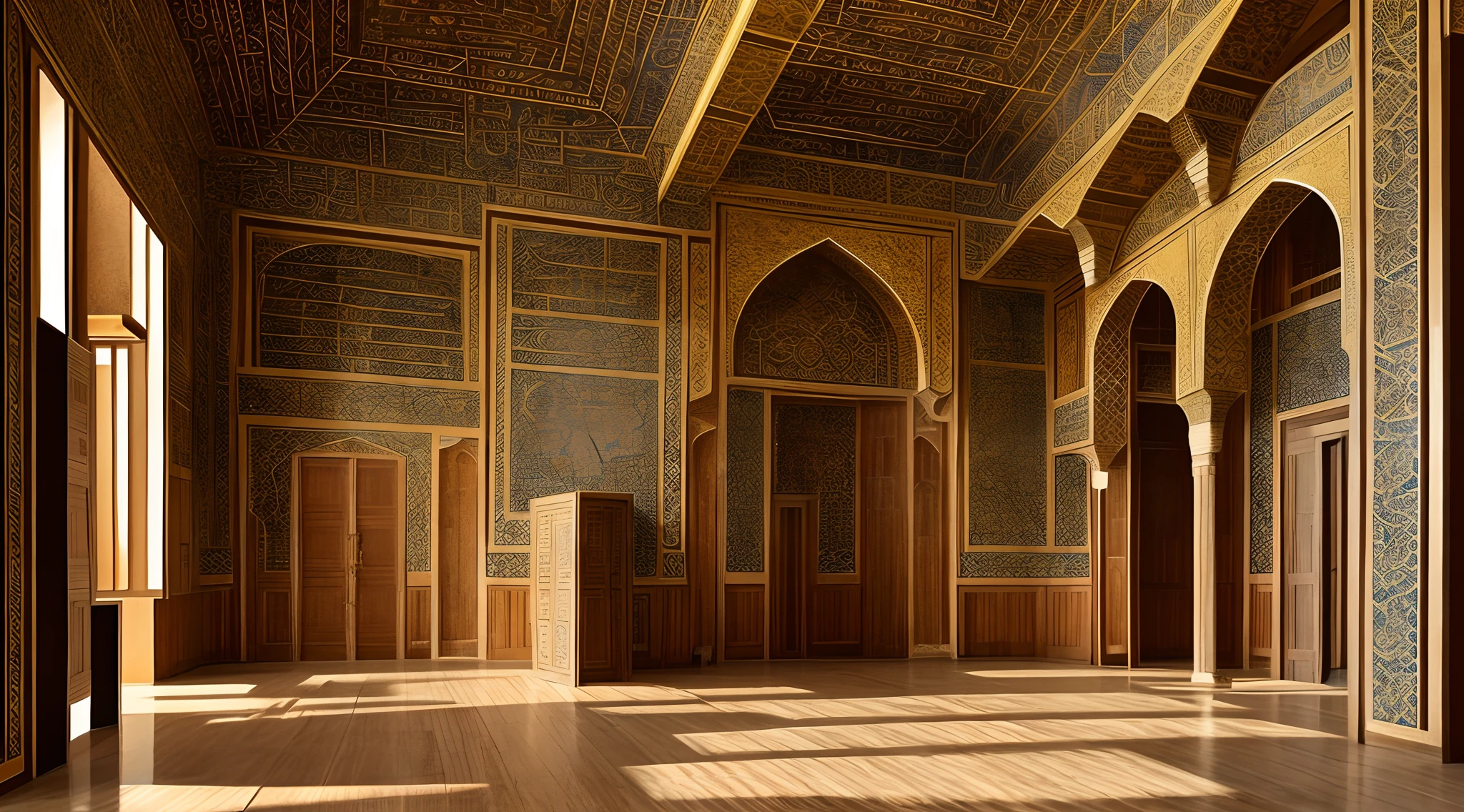 interior view of a mansion in 16th century Arabia, either Basra or Ormuz, very luxurious, building structure like a harem or mosque, building structure with elements of a turkish harem or mosque, orientalism, inside a mansion, interior, rich, grand, stairs, Muslim style, Islamic, elegant, House of Vizier, House of Emir, 16th century, medieval, no people, no word, no wordings, no signature