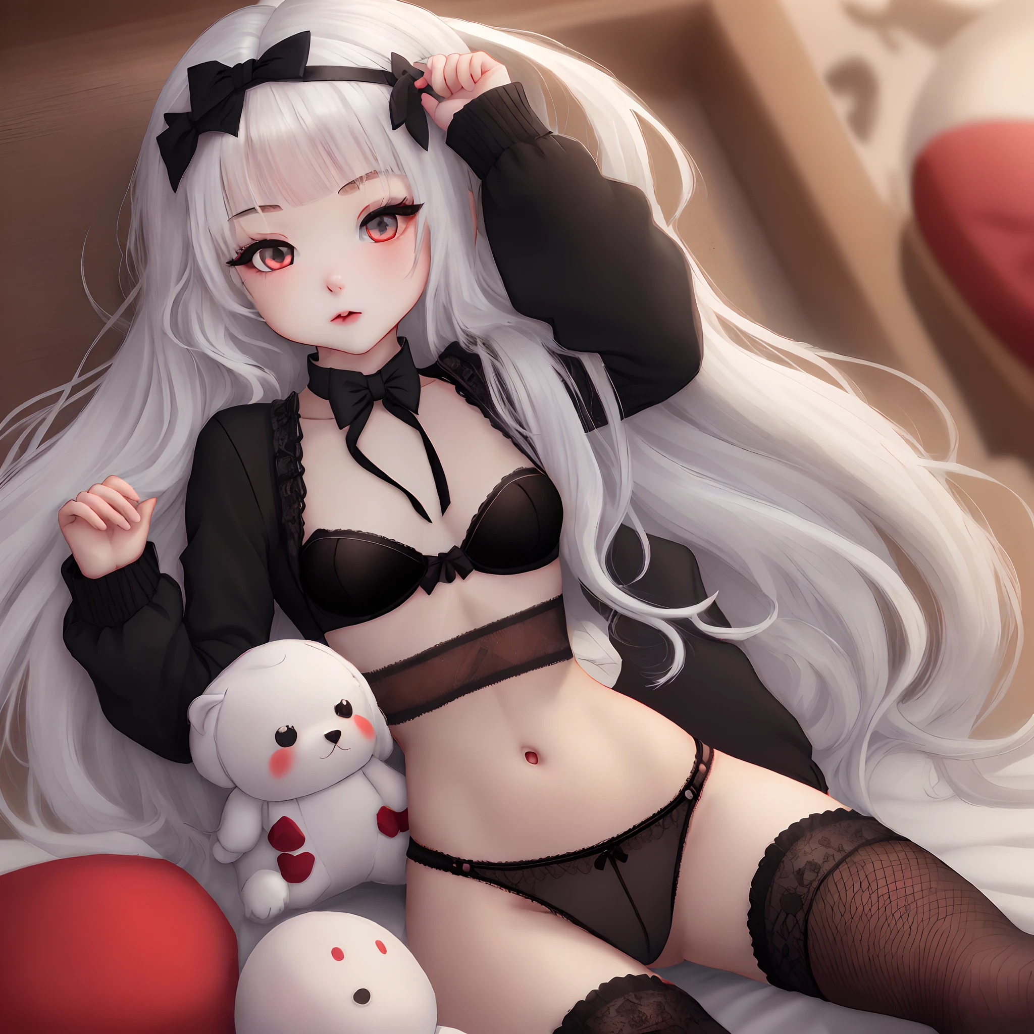 1girll,Small ,long white hair,whaite hair,Black bow,red color eyes,dual horsetail,black sleeve,Black lace bra,a black bowtie,Meticulous navel portrayal,Skinny,Slim waist,black short skirt,Black fishnet socks,adolable,coquetry,Skin and bones