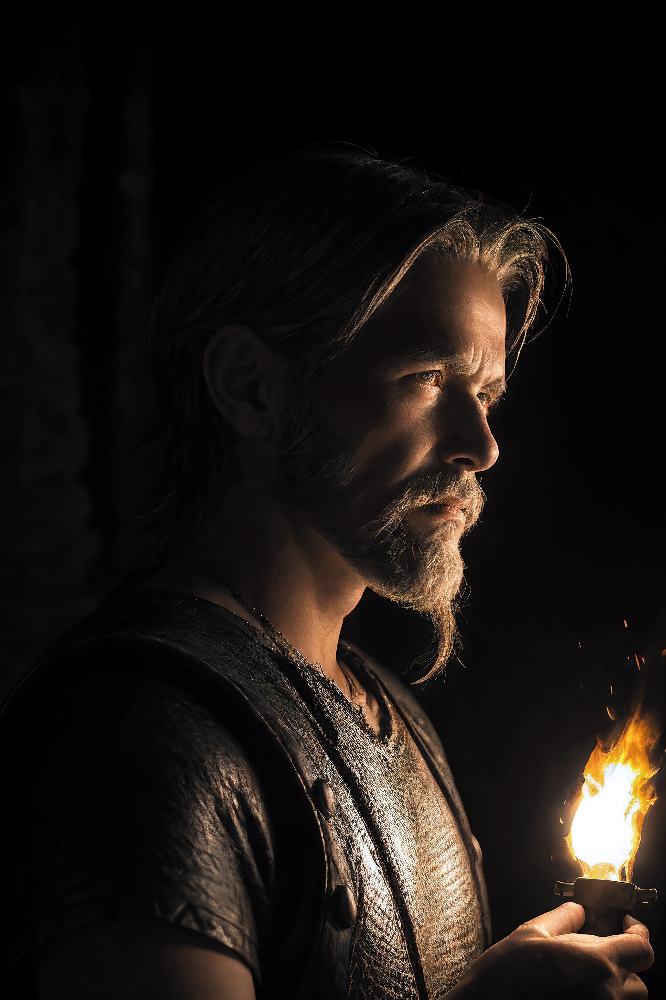 Raw, cinematic shot, (sharp focus:1.5), (photorealistic:1.4), 1boy, medium portrait of (a weary-looking but still proud and fierce-looking old Viking warrior, now the leader of his village, dressed in elaborately detailed chain mail and leather armour, a few torches burn on the walls, giving the scene a dark atmosphere but sculpting the forms in sharp chiaroscuro), it is night time, dark lighting, twilight lighting, volumetric lighting,
