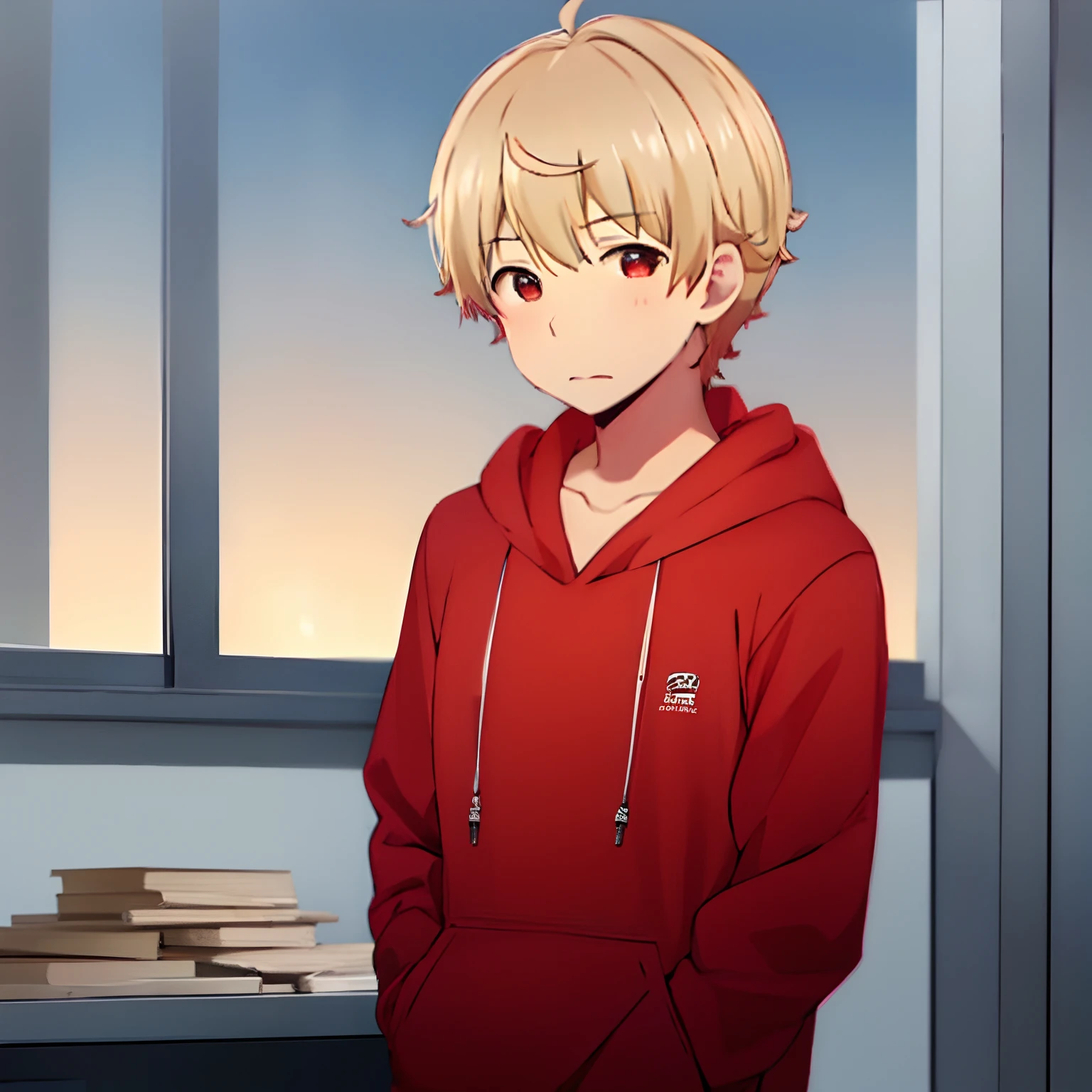 1boy, solo, Uchimaki_Subaru,red eyes, blondehair,black hoodie,