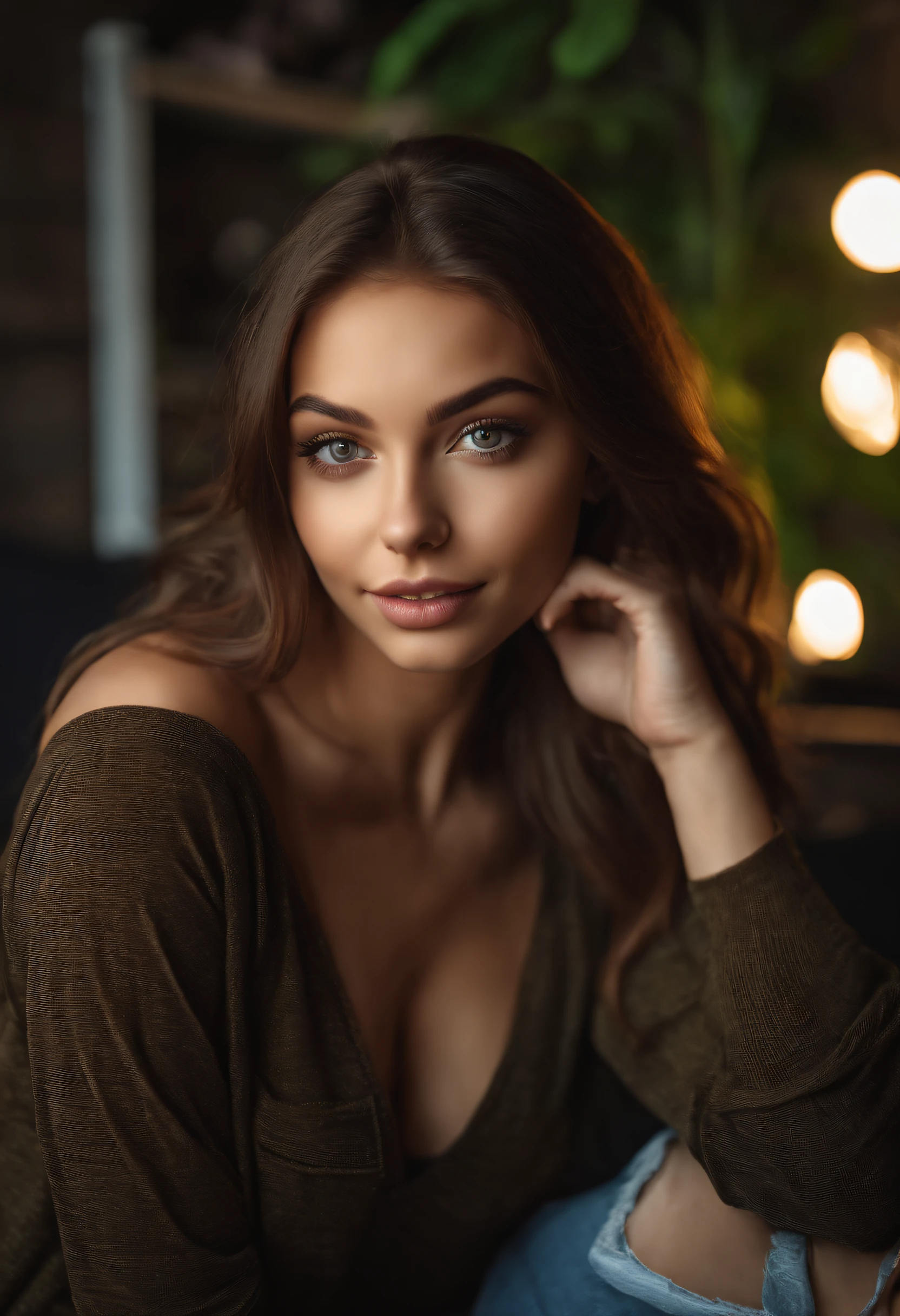 arafed woman with large breasts, sexy girl with green eyes, portrait sophie mudd, brown hair and large eyes, selfie of a young woman, bedroom eyes, violet myers, without makeup, natural makeup, looking directly at the camera, smiling, happy, large smile face with artgram, subtle makeup, stunning full body shot, piercing green eyes, beautiful angle, cute girl, full body picture, full body, full body shoot, brunette goddess, high detail, sexy pose, night club, party, fun