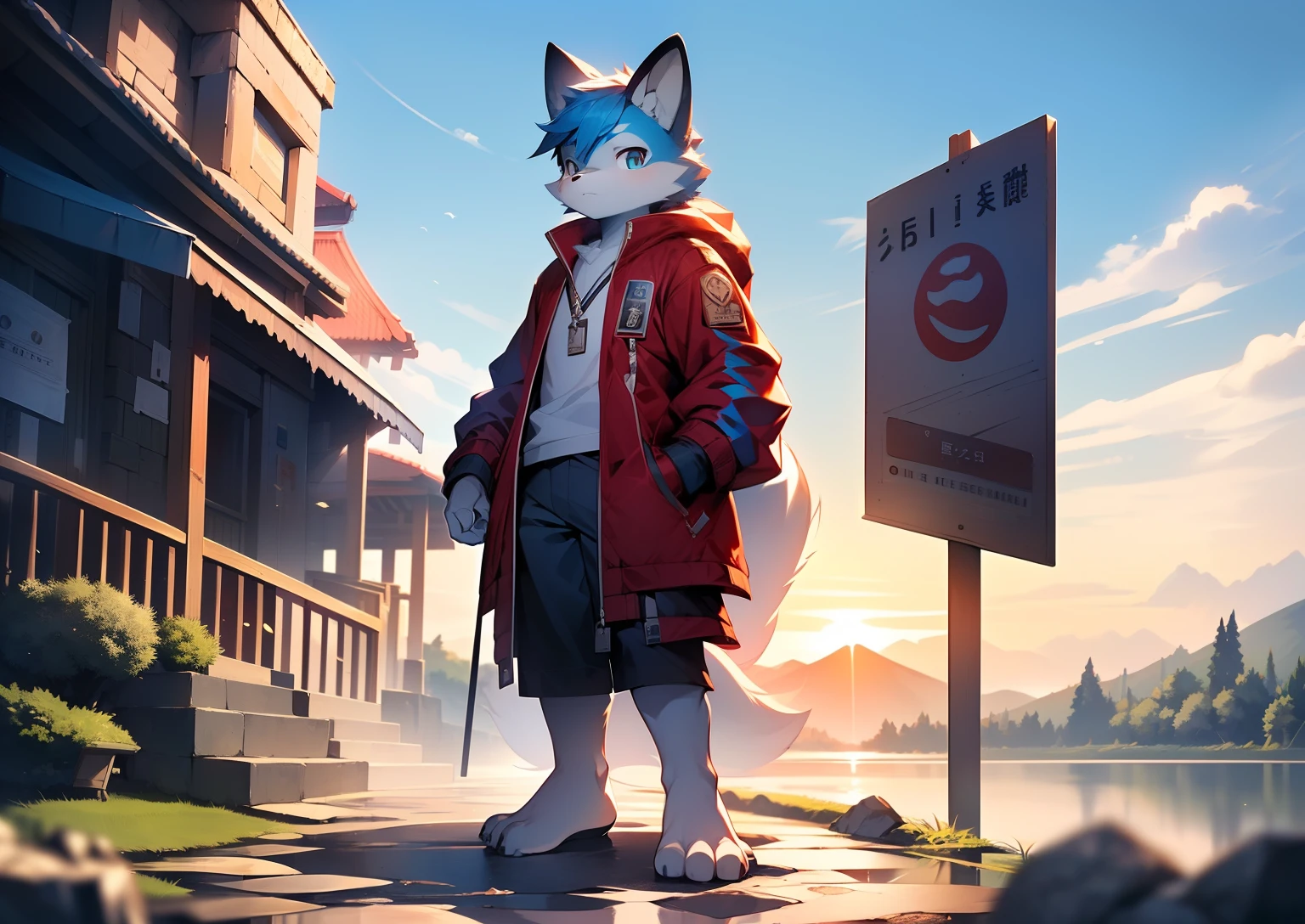 Libido boy,furry wolf,Blue hair, Very good figure, Handsome,adolable, Light:Extreme light and shadow, Reflective skin,Reddish skin,((grey jacket)) ,((lakeside,Stone path,Signs,独奏,solo person)),Outdoor sunset,((the detail)),(depth of fields),standing on your feet