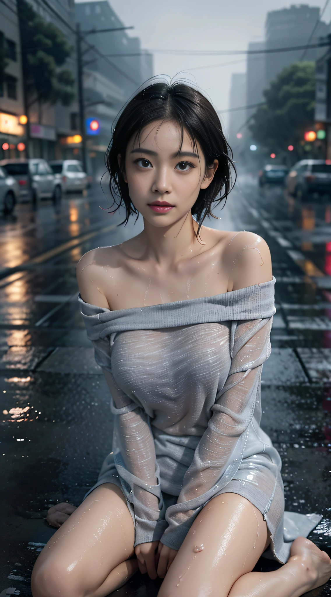 Young Japanese woman standing,  ((On City Street)),  ((Fully clothed)), ((Off-the-shoulder T-shirt dress)),((Barefoot)), blond with short hair, slim build, two tone color hair, mid afternoon, Gray light, Overcast, Detailed background, Dark, busy street, crowding street, Cinematic, pessimistic, Masterpiece,  Best quality, RAW photo, up-close, zoomed,  Photorealistic, ((view the viewer)), Hold yourself, Translucent, dripping wet, beautiful realistic photo, Surreal fantasy photos,  Close up, Tight Frame, 8K, Ultra detailed, Detailed skin, Blue eyes, Dark skin, ((Drenched)), ((Soaked)), (Dripping water), Saggy clothes, wet street, Wet all over, wet dripping hair, angle of view, (posed for photo) Portrait, Close-up, bottom angles, Mist, ((heavy rain)), ((Hazy rain)), Rain on the face, wet face, Shallow depth of field