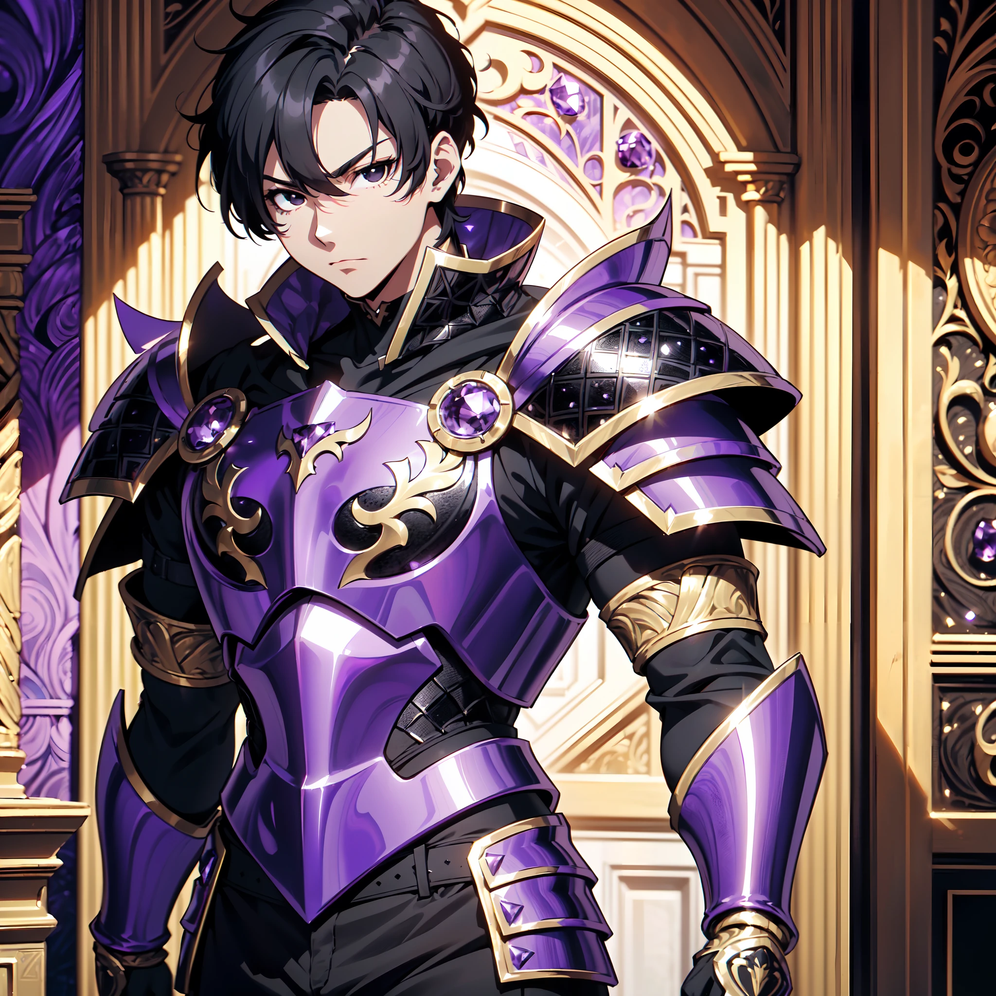 128K Ultra High Definition,
128K Ultra High Quality,
128K Ultra High Resolution,
Best Definition,
Best Quality,
Best Resolution,
Perfectly Detailed,
Perfectly Designed,
Extremely Detailed,
Extremely Designed,
Hyper Detailed,
Hyper Definition,
Hyper Quality,
Hyper Resolution,
Masterpiece,
(((Anime))),
Body Shot,
(((Boy))),
Handsome,
Muscular Body,
(((Black Short Hair))),
(((Black Eyes))),
(((Hyper Detailed & Perfectly Designed Purple Amethyst Armor Plates))),
(((Hyper Detailed & Perfectly Designed Engraving Jeweled Baron Armor))),
(((Inside Of Medieval Royal Palace Background Scenery))),