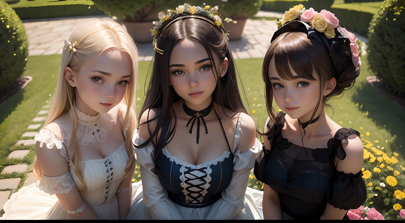 Full portrait photo from below of a beautiful 18-year-old girl with golden hair, posing next to a trellis of French roses, standing next to two pretty little girls, "Blue eyes, radiant smile, slim waist, long white legs..."
