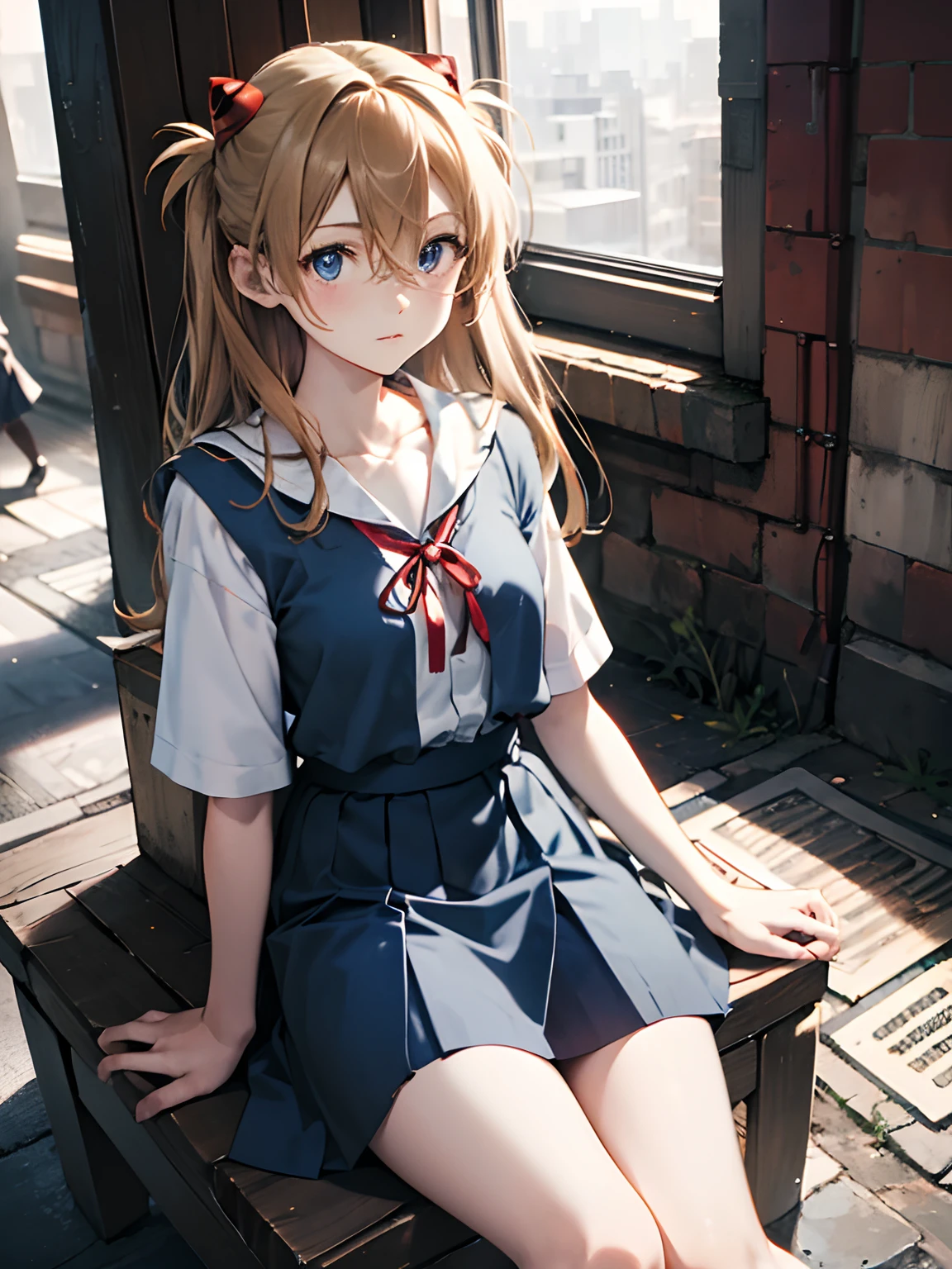 (masterpiece, best quality, detailed), 1girl, solo, indoors, window, blue sky, hallway,
souryuu asuka langley, interface headset, suspender skirt, red ribbon, white shirt, school uniform, socks, shoes <lora:AsukaLangleySouryuuV2-000015:1> <lora:more_details:0.5>