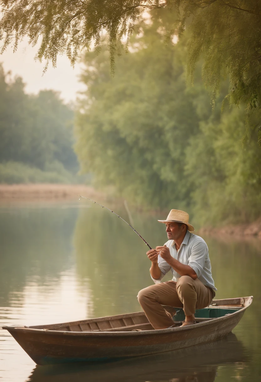 (a man stands in a boat holding a fishing rod in his hands),(best quality,4k,8k,highres,masterpiece:1.2),ultra-detailed,(realistic,photorealistic,photo-realistic:1.37),HDR,UHD,studio lighting,extremely detailed eyes and face,professional,vivid colors,portraits,landscape,fishing boat,calm water,sunset golden hour,colorful reflections,capturing the tranquility of the moment,rippling water,stillness,fisherman's hat,serene atmosphere,gentle breeze,calmness,peacefulness,contentment,hopeful anticipation,outdoor activity,reel and hook,boat movement,subtle shadow play,intricate fishing rod details,warm sunlight,water ripples around the boat,providing a sense of realism,tension in the fishing line,feeling of excitement and patience as he waits for a catch,lush greenery in the background,reflective surface of the water adding depth to the composition,soft warm colors,magical,harmonious composition,dreamlike setting.