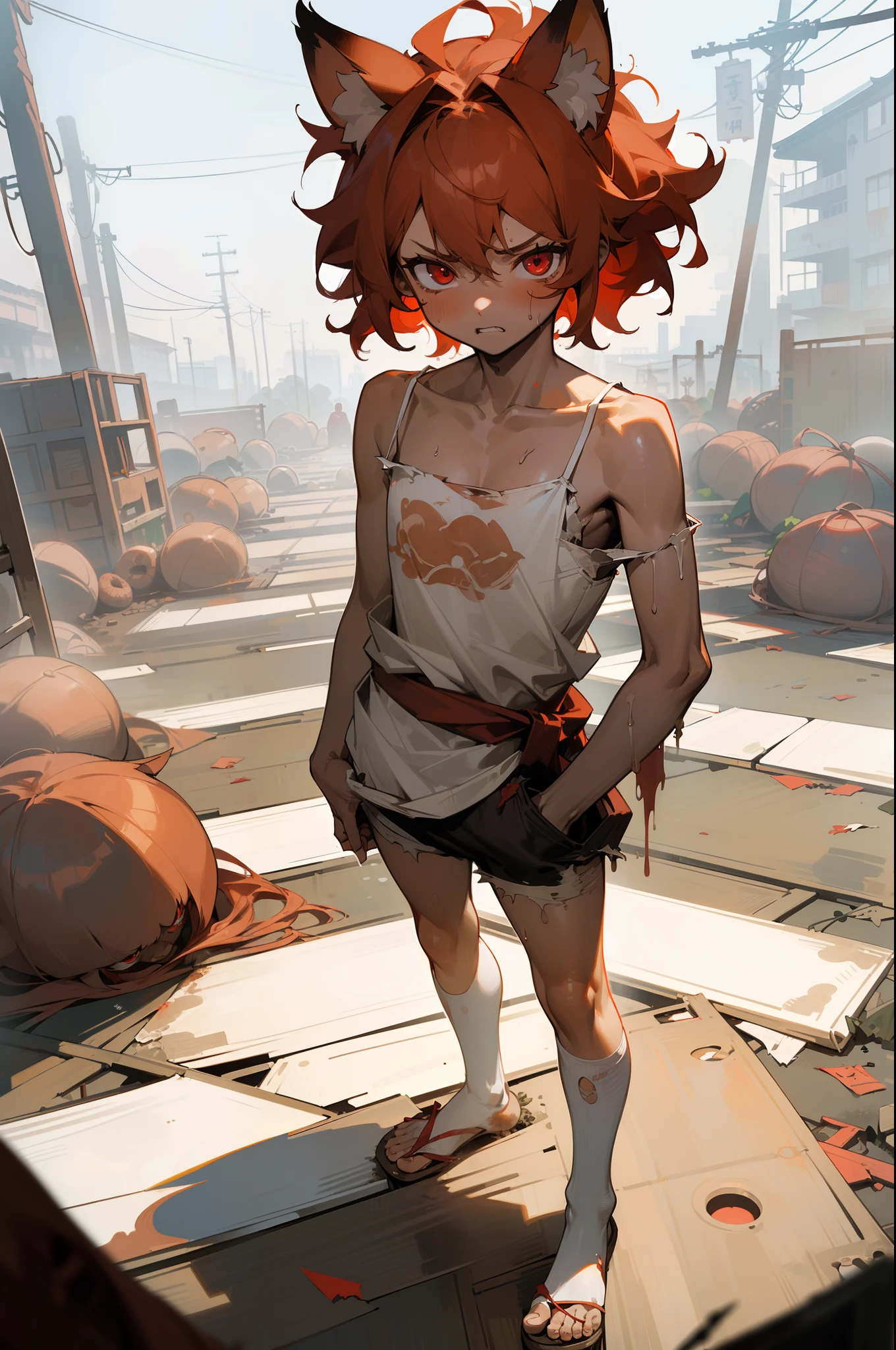 ((Masterpiece)),1boy,brown skin,4ars old, (Cute beautiful boy, beautiful red eyes)、details of Very messy medium hair、((dirty and very torn white-camisole))、angry face, sweaty、fox ears, Pale red hair, ((standing with legs spread wide, asian Slum townscape))