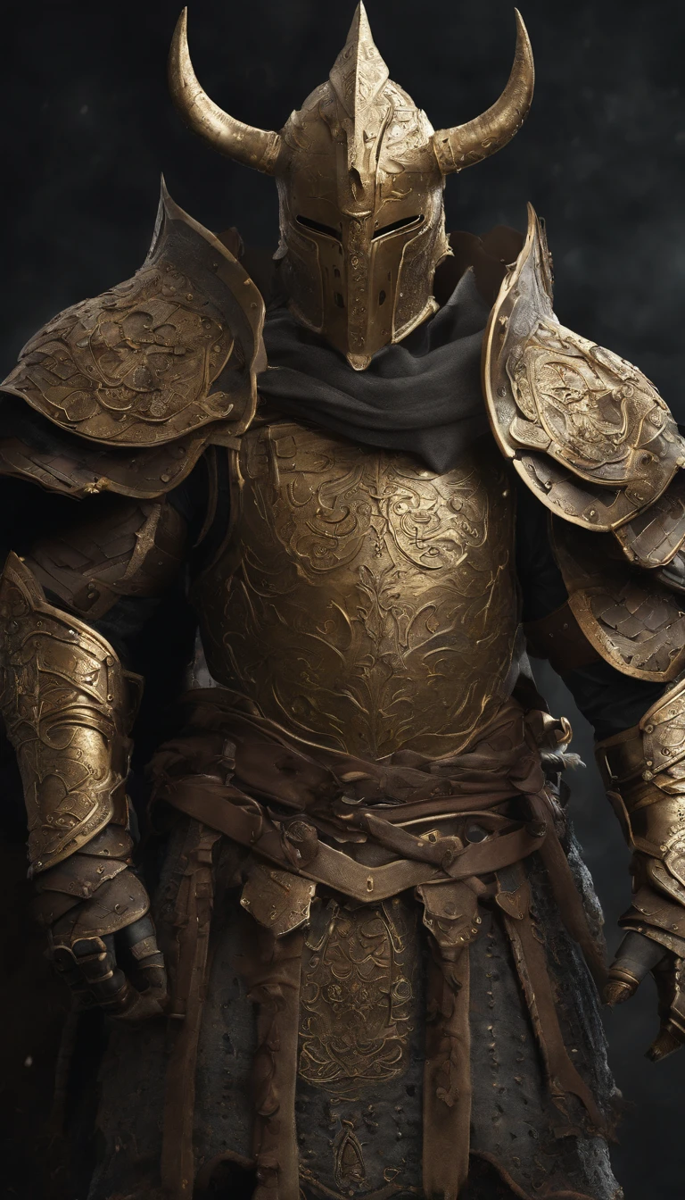 warrior, concept-art, author:Kishiganku, Fantasy art, Zen temple background, clean render, a horned, Wear a set of armor, Detailed bushido form smoke, helmet of a forgotten deity, character is standing, 8k Realistic, in game render, detailed face background detail, Art station front page, taur, Pseudo-medieval fantasy, A deity wearing koi armor, detailed bronze armor, Bronze armor, golden etched armor, gold obsidian armor, Light gold armor, Gorgeous filigree armor, A demonic warrior, Gorgeous armor full of thorns, Intricate assasin armor, Intricate metal armor, powerful warrior, Dressed in gorgeous golden armor,Decorated with intricate patterns, The helmet has a large crown and two horns, Everything is in the dark, The smoky background alludes to battle scenes, Add an ominous aura to his character