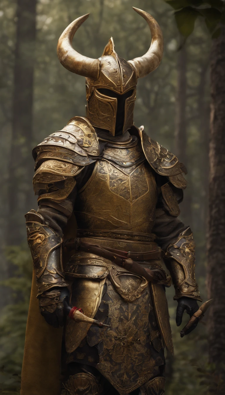 warrior, concept-art, author:Kishiganku, Fantasy art, Zen temple background, clean render, a horned, Wear a set of armor, Detailed bushido form smoke, helmet of a forgotten deity, character is standing, 8k Realistic, in game render, detailed face background detail, Art station front page, taur, Pseudo-medieval fantasy, A deity wearing koi armor, detailed bronze armor, Bronze armor, golden etched armor, gold obsidian armor, Light gold armor, Gorgeous filigree armor, A demonic warrior, Gorgeous armor full of thorns, Intricate assasin armor, Intricate metal armor, powerful warrior, Dressed in gorgeous golden armor,Decorated with intricate patterns, The helmet has a large crown and two horns, Everything is in the dark, The smoky background alludes to battle scenes, Add an ominous aura to his character