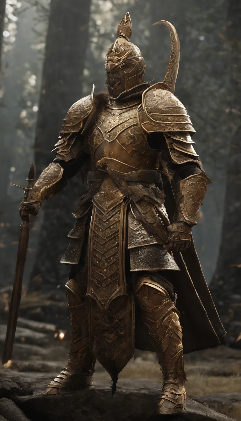 warrior, concept-art, author:Kishiganku, Fantasy art, Zen temple background, clean render, a horned, Wear a set of armor, Detailed bushido form smoke, helmet of a forgotten deity, character is standing, 8k Realistic, in game render, detailed face background detail, Art station front page, taur, Pseudo-medieval fantasy, A deity wearing koi armor, detailed bronze armor, Bronze armor, golden etched armor, gold obsidian armor, Light gold armor, Gorgeous filigree armor, A demonic warrior, Gorgeous armor full of thorns, Intricate assasin armor, Intricate metal armor, powerful warrior, Dressed in gorgeous golden armor,Decorated with intricate patterns, The helmet has a large crown and two horns, Everything is in the dark, The smoky background alludes to battle scenes, Add an ominous aura to his character
