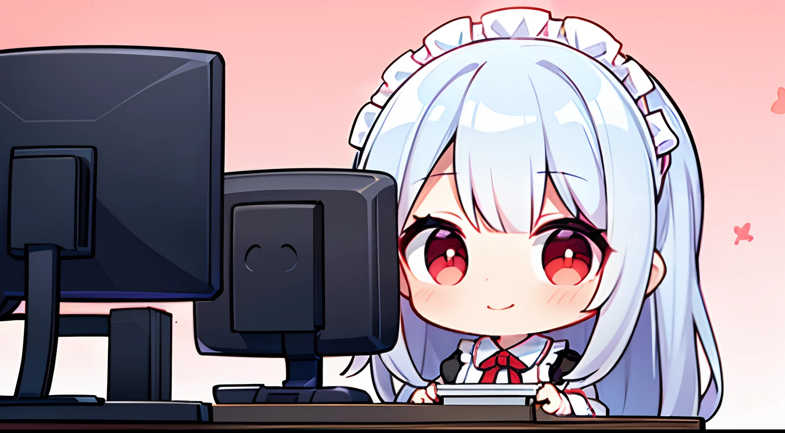 Silver-haired woman,Red Eyes,cute little,A smile,maid clothes,adolable,frilld,Long hair,Sitting in a chair facing the computer,pink sky background,Operating a computer,