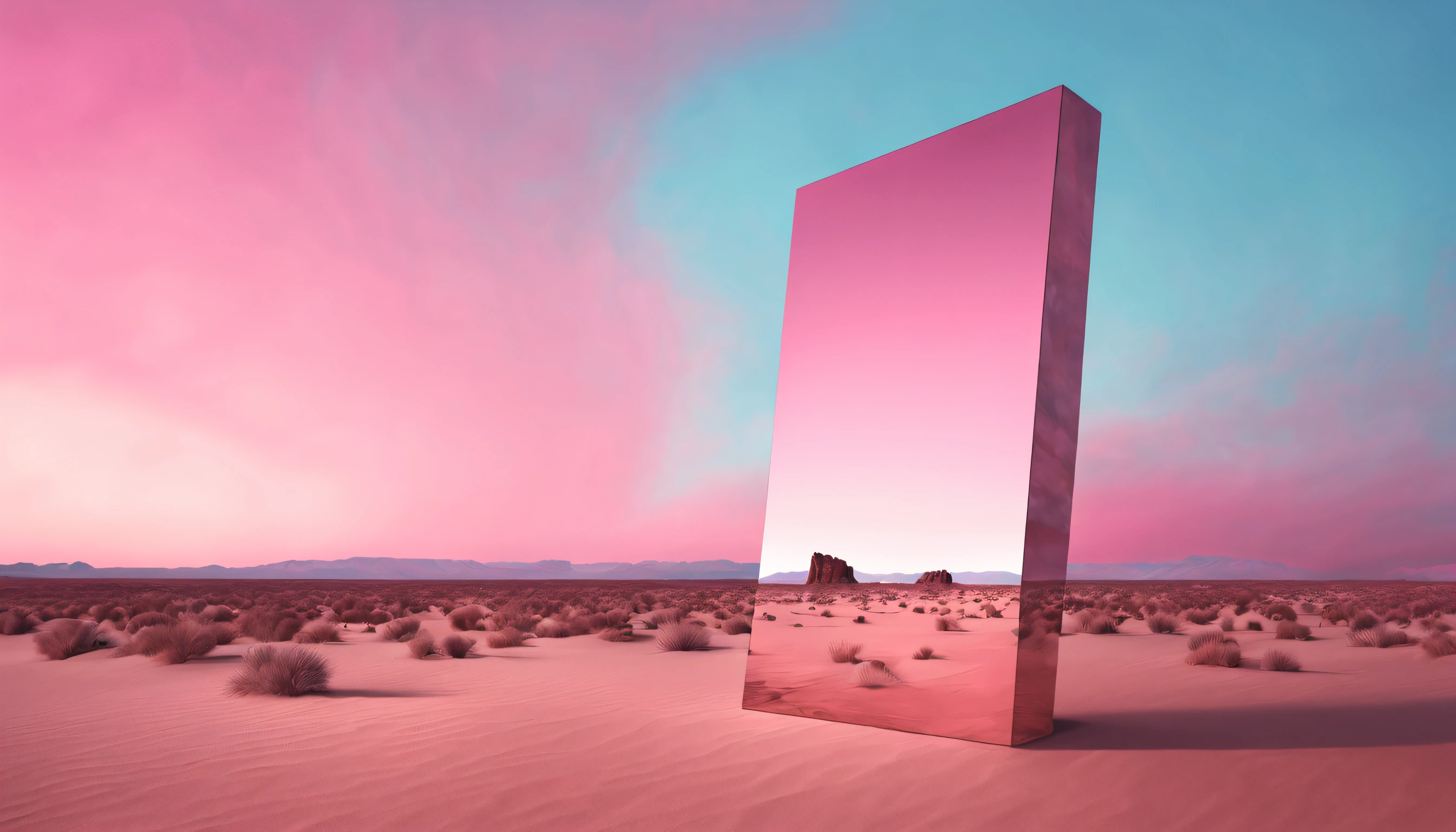 a mirror monolith standing in the desert, light blue and pink sky, surreal, digital art, photorealistic