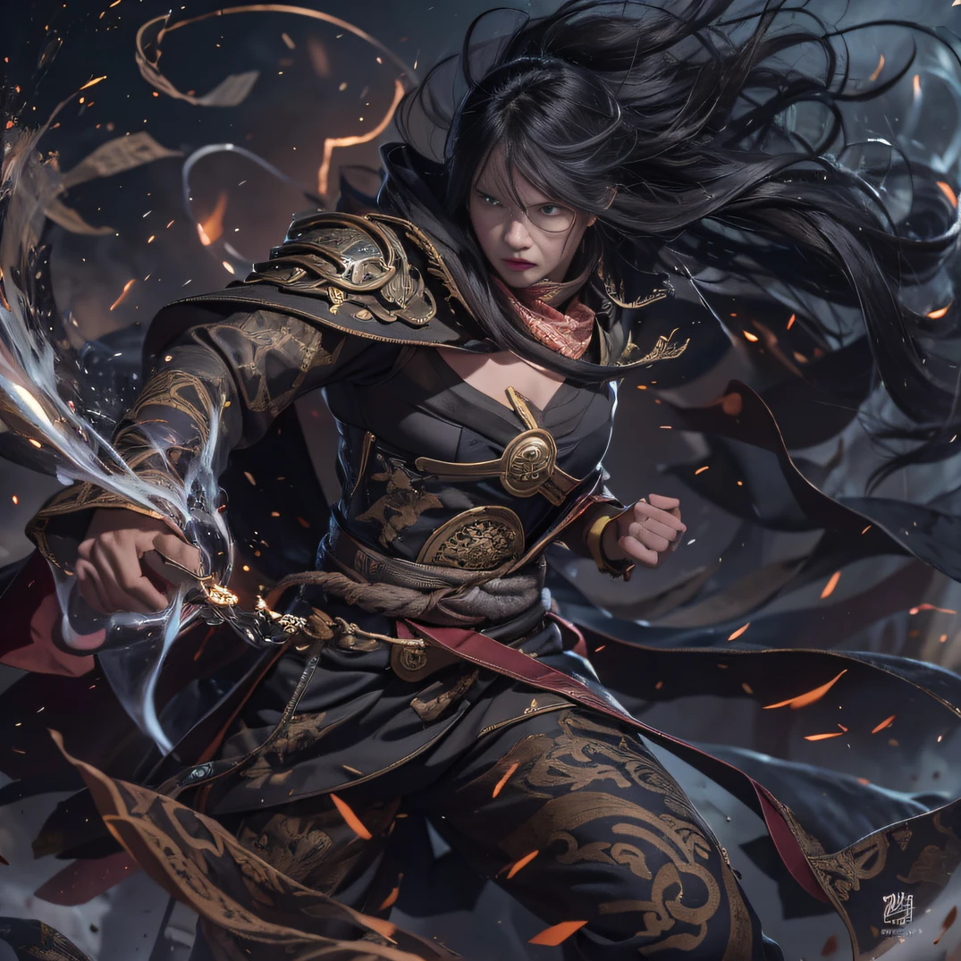 (废墟)eyes filled with angry,He clenched his fists,Rush up,Deliver a fatal blow to your opponent,full bodyesbian,Full Body Male Mage 32K(tmasterpiece,k hd,hyper HD,32K)Long flowing black hair,Campsite size,zydink, a color, patriot (废墟), (Linen batik scarf), Angry fighting stance, looking at the ground, Batik linen bandana, Chinese python pattern long-sleeved garment, (Abstract propylene splash:1.2), Dark clouds lightning background,Flour flies(realisticlying:1.4),Black color hair,Flour fluttering,Background fog, A high resolution, the detail, RAW photogr, Sharp Re, Nikon D850 Film Stock Photo by Jefferies Lee 4 Kodak Portra 400 Camera F1.6 shots, Rich colors, ultra-realistic vivid textures, Dramatic lighting, Unreal Engine Art Station Trend, cinestir 800,Flowing black hair,(((Male mage))),The male mage was furious,