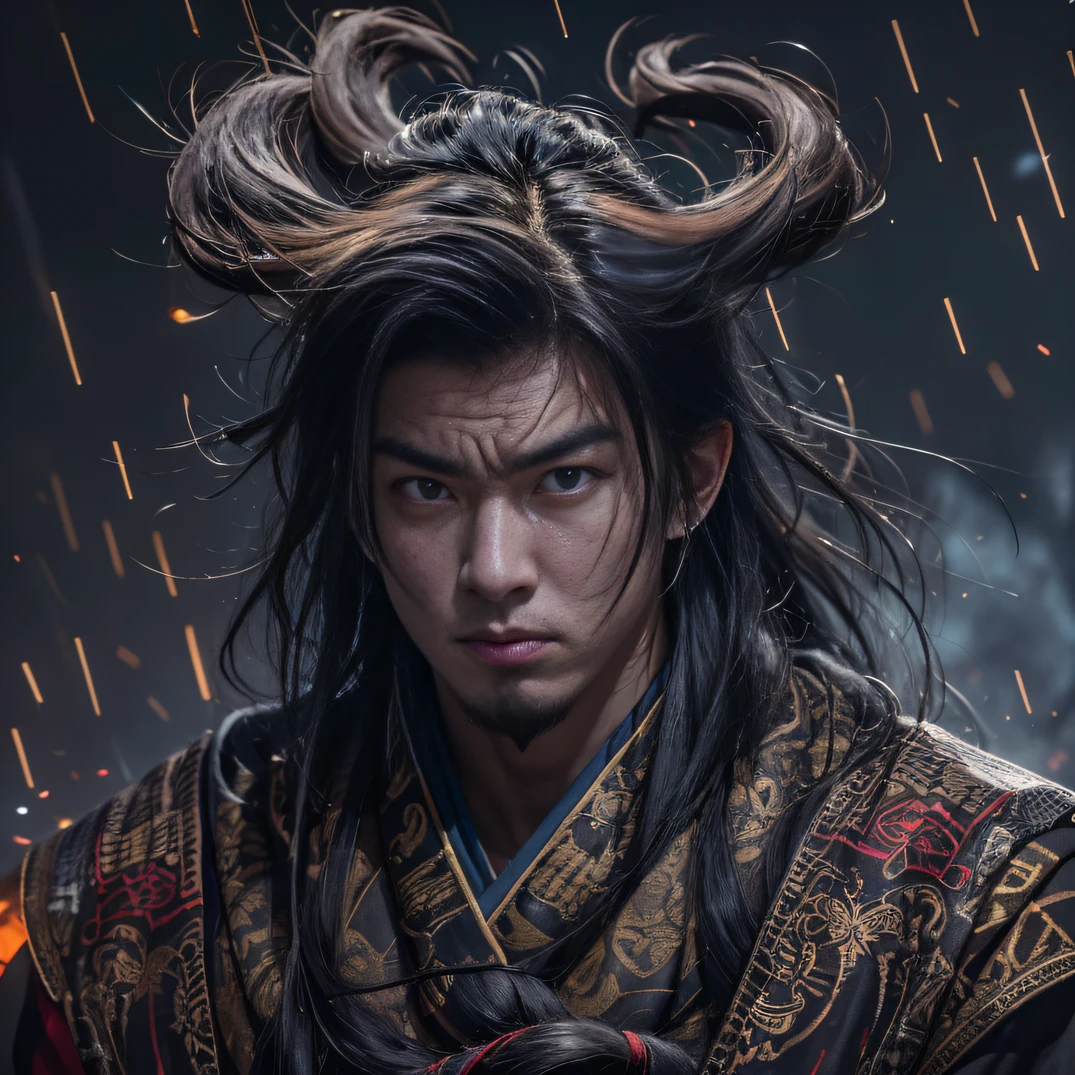(废墟)eyes filled with angry,He clenched his fists,Rush up,Deliver a fatal blow to your opponent,full bodyesbian,Full Body Male Mage 32K(tmasterpiece,k hd,hyper HD,32K)Long flowing black hair,Campsite size,zydink, a color, patriot (废墟), (Linen batik scarf), Angry fighting stance, looking at the ground, Batik linen bandana, Chinese python pattern long-sleeved garment, (Abstract propylene splash:1.2), Dark clouds lightning background,Flour flies(realisticlying:1.4),Black color hair,Flour fluttering,Background fog, A high resolution, the detail, RAW photogr, Sharp Re, Nikon D850 Film Stock Photo by Jefferies Lee 4 Kodak Portra 400 Camera F1.6 shots, Rich colors, ultra-realistic vivid textures, Dramatic lighting, Unreal Engine Art Station Trend, cinestir 800,Flowing black hair,(((Male mage))),The male mage was furious,