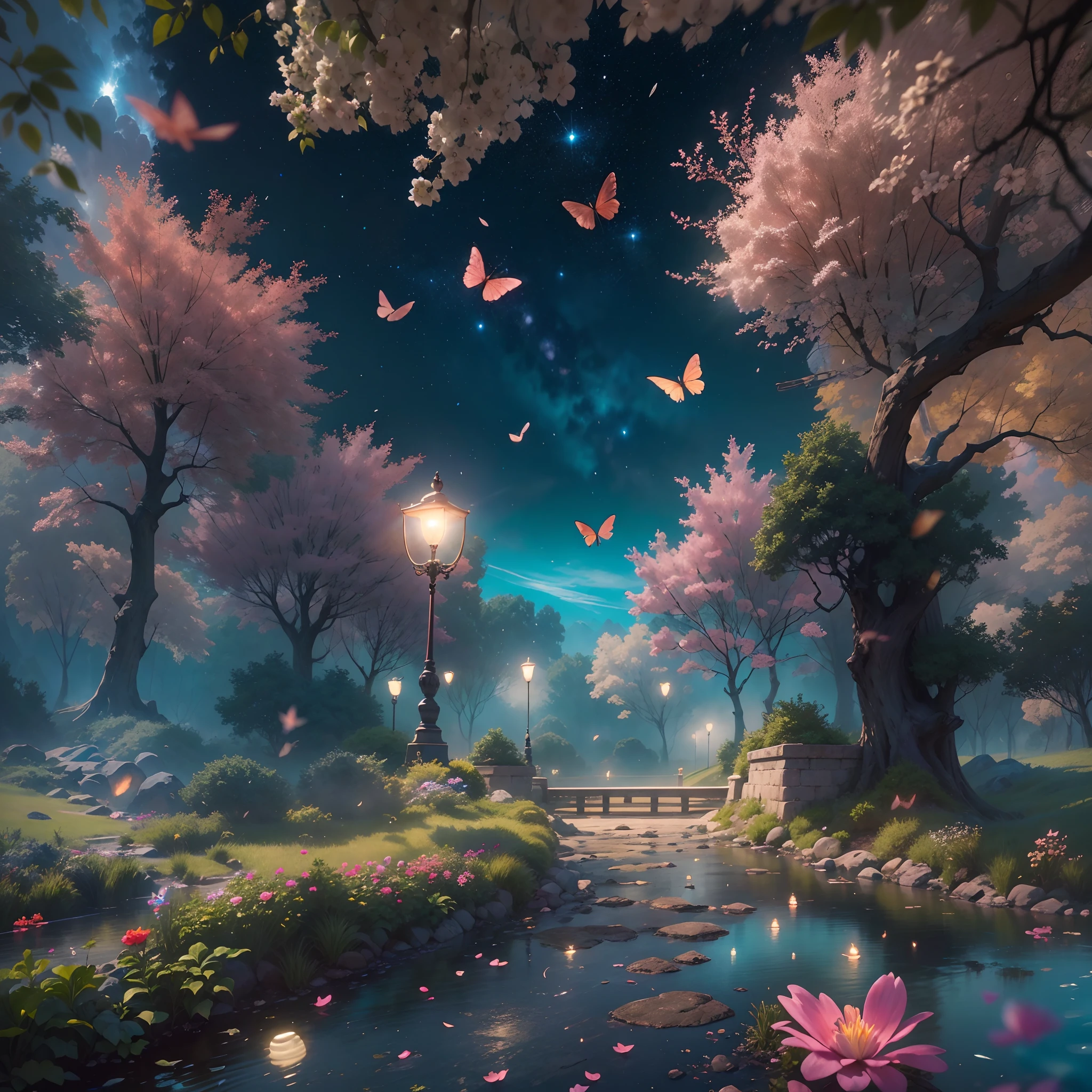 mont，Rose garden,Colorful flowers,Soft sunlight,Butterflies dancing,painting-like,Ethereal atmosphere,Vibrant colors,（Mist：0.9），（waterfallr：0.8），（the cherry trees：1.3），（cinematic compositions：1.3），（dream magical：1.3），hoang lap，Blue Flame，Plasma，Particle effect，Crystal clear texture，Vibrant colors,（Skysky），the space，starrysky,Skysky，galaxias，depth of fields，Light，Reallightandshadow，diffused reflections，Dreamy and whimsical,Peaceful and charming,vibrant with colors,painting coming to life,Totally mesmerizing and fascinating,Simply breathtaking.(Best quality,4K,8K,A high resolution,Masterpiece:1.2),Ultra-detailed,(Realistic,Photorealistic,photo-realistic:1.37),