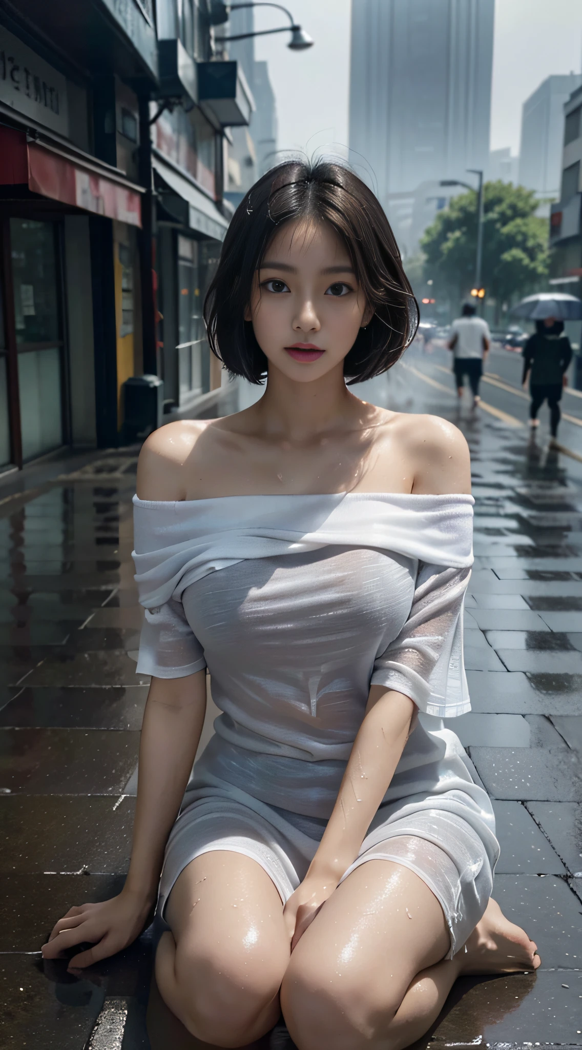 Young Japanese woman standing, ((On City Street)), ((Fully clothed)), ((Off-the-shoulder T-shirt dress)),((Barefoot)), blond with short hair, slim build, two tone color hair, mid afternoon, Gray light, Overcast, Detailed background, Dark, busy street, crowding street, Cinematic, pessimistic, Masterpiece, Best quality, RAW photo, up-close, zoomed, Photorealistic, ((view the viewer)), Hold yourself, Translucent, dripping wet, beautiful realistic photo, Surreal fantasy photos, Close up, Tight Frame, 8K, Ultra detailed, Detailed skin, Blue eyes, Dark skin, ((Drenched)), ((Soaked)), (Dripping water), Saggy clothes, wet street, Wet all over, wet dripping hair, angle of view, (posed for photo) Portrait, Close-up, bottom angles, Mist, ((heavy rain)), ((Hazy rain)), Rain on the face, wet face, Shallow depth of field