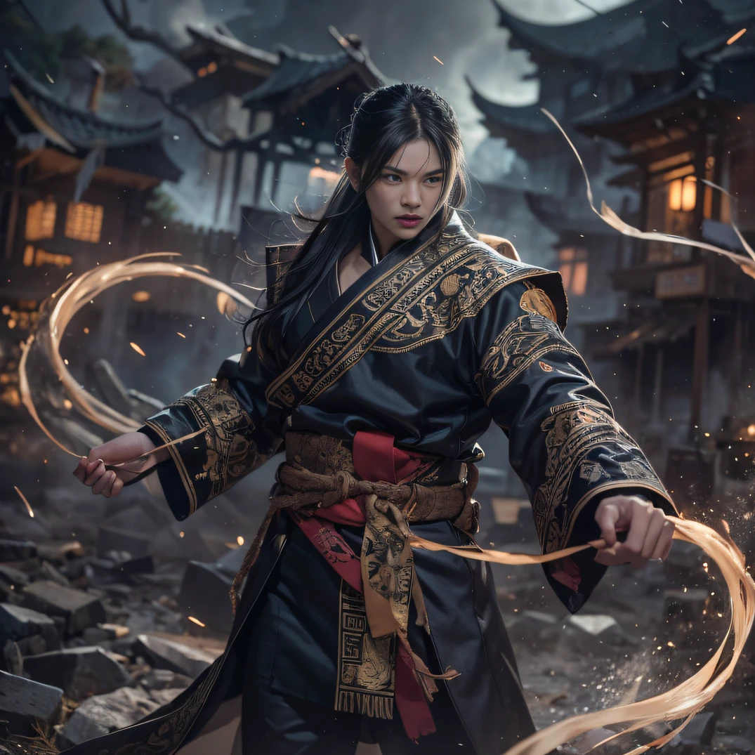 （废墟）eyes filled with angry，He clenched his fists，Rush up，Deliver a fatal blow to your opponent，full bodyesbian，Full Body Male Mage 32K（tmasterpiece，k hd，hyper HD，32K）Long flowing black hair，Campsite size，zydink， a color， patriot （废墟）， （Linen batik scarf）， Angry fighting stance， looking at the ground， Batik linen bandana， Chinese python pattern long-sleeved garment， （Abstract propylene splash：1.2）， Dark clouds lightning background，Flour flies（realisticlying：1.4），Black color hair，Flour fluttering，Background fog， A high resolution， the detail， RAW photogr， Sharp Re， Nikon D850 Film Stock Photo by Jefferies Lee 4 Kodak Portra 400 Camera F1.6 shots, Rich colors, ultra-realistic vivid textures, Dramatic lighting, Unreal Engine Art Station Trend, cinestir 800，Flowing black hair,（（（Male mage））），The male mage was furious，