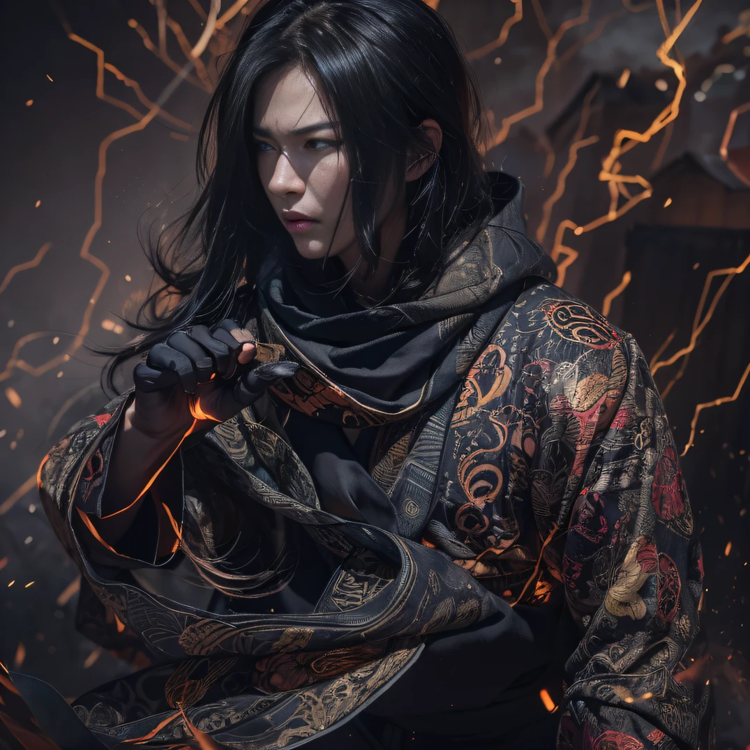 (废墟)eyes filled with angry,He clenched his fists,Rush up,Deliver a fatal blow to your opponent,full bodyesbian,Full Body Male Mage 32K(tmasterpiece,k hd,hyper HD,32K)Long flowing black hair,Campsite size,zydink, a color, patriot (废墟), (Linen batik scarf), Angry fighting stance, looking at the ground, Batik linen bandana, Chinese python pattern long-sleeved garment, (Abstract propylene splash:1.2), Dark clouds lightning background,Flour flies(realisticlying:1.4),Black color hair,Flour fluttering,Background fog, A high resolution, the detail, RAW photogr, Sharp Re, Nikon D850 Film Stock Photo by Jefferies Lee 4 Kodak Portra 400 Camera F1.6 shots, Rich colors, ultra-realistic vivid textures, Dramatic lighting, Unreal Engine Art Station Trend, cinestir 800,Flowing black hair,(((Male mage))),The male mage was furious,