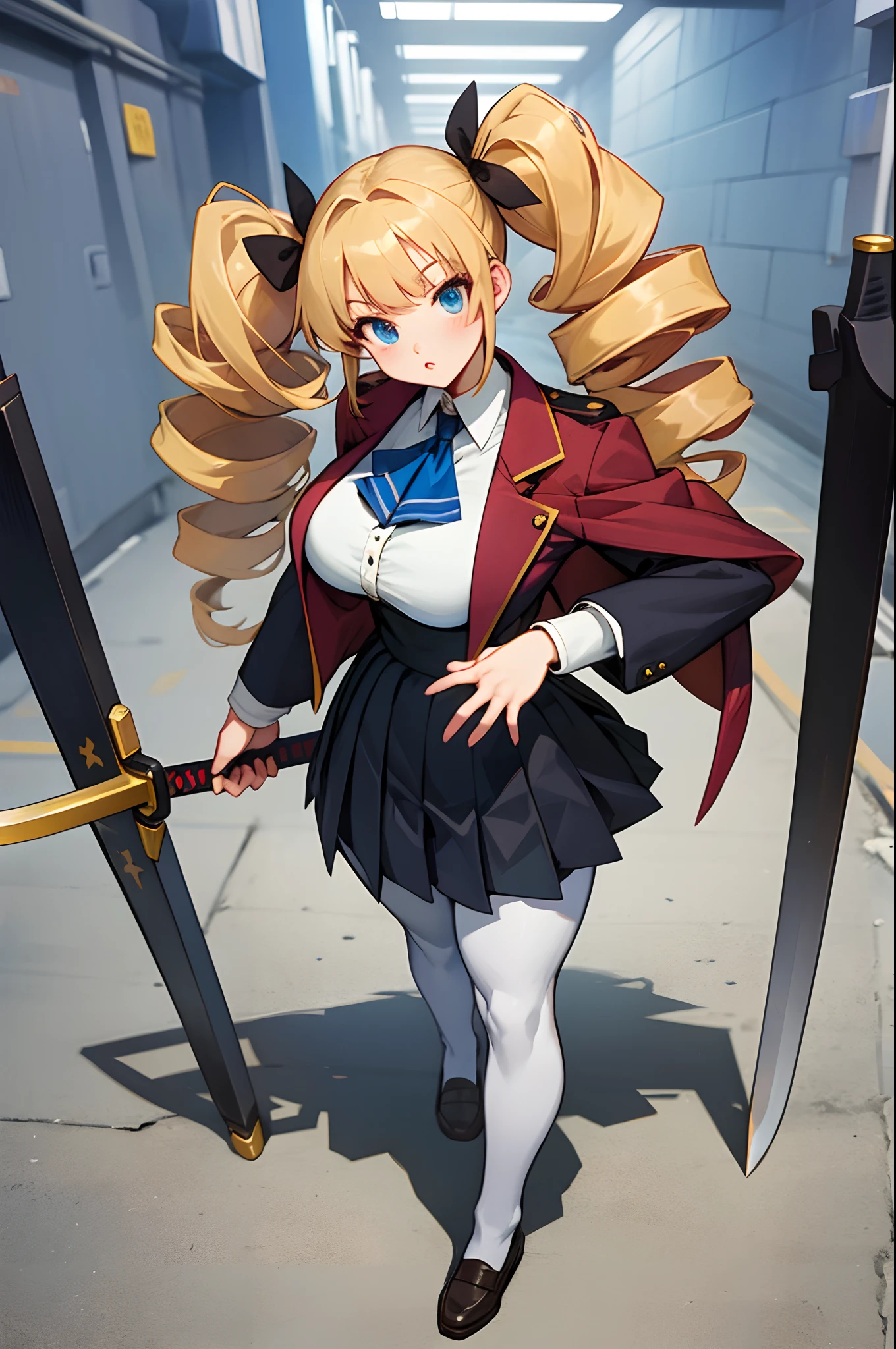 retro style, extremely long hair perfect anatomy tall solo curvy ((muscular)) leggings toned body, best quality, masterpiece, safe for work, 1girl, solo, solo focus, A hentai manga character, Nanako Von Meinsfelt, by Fan no hitori, uploaded to Nhentai.net, blonde hair giant curly twintail, (twintail, drill), ojou-sama, black school uniform, red cravat with a white cross on it, black pantyhose, brown mary jane shoes, a black pleated skirt, with stunning blue eyes, large breasts, thick thighs, standing, masterpiece, best quality, full-body portrait, background messy alleyway, Holding giant greatsword sized Odachi, ((odachi))