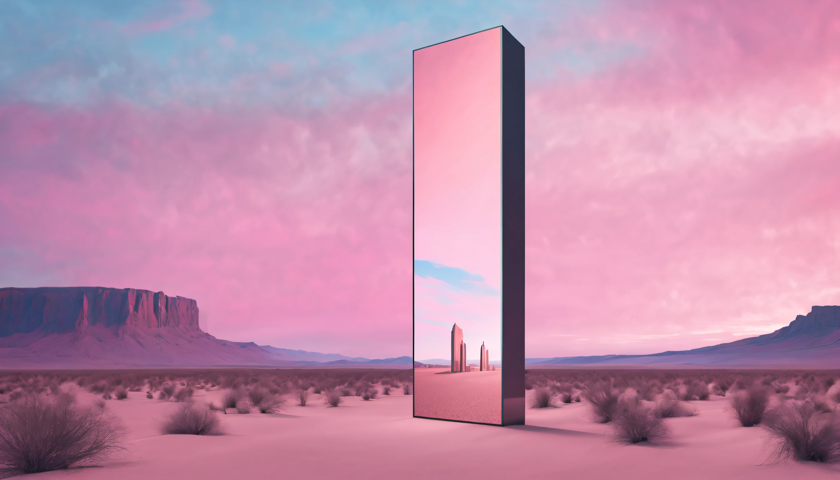 a mirror monolith standing in the desert, light blue and pink sky, surreal, digital art, photorealistic