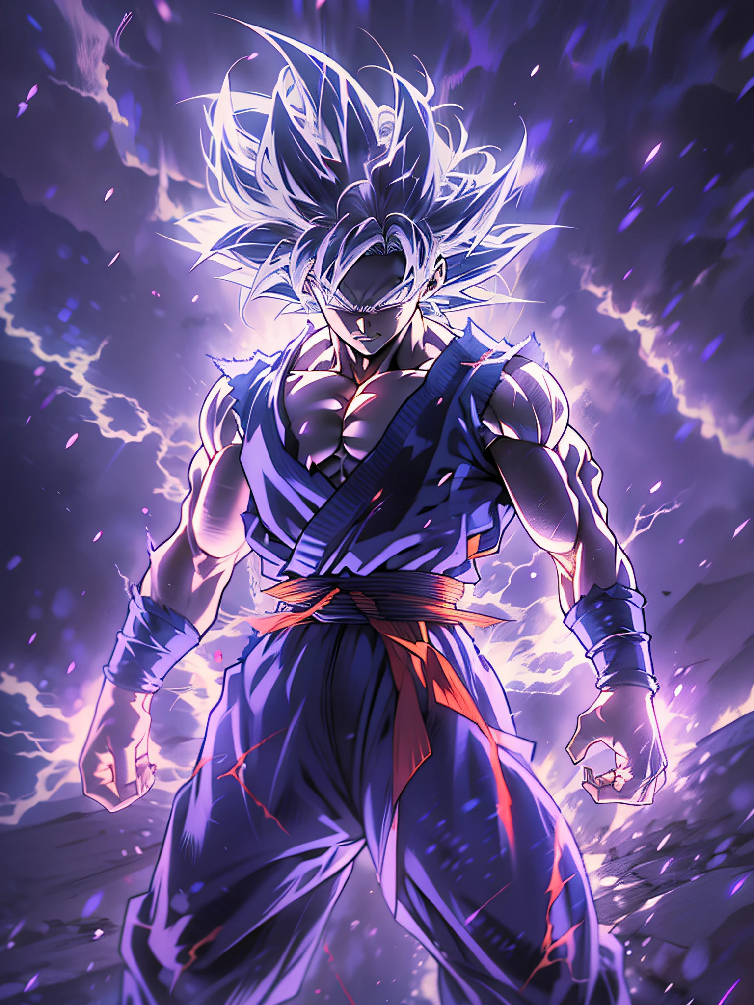 Son Goku transforming into Ultra Instinct surrounded by Violet Aura and lightning full body shot, 4k, Silver Hair, Silver Pupils, high details, epic, cinematic