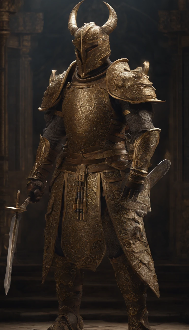 warrior, concept-art, author：Kishiganku, Fantasy art, Zen temple background, clean render, a horned, Wear a set of armor, Detailed bushido form smoke, helmet of a forgotten deity, character is standing, 8k Realistic, in game render, detailed face background detail, Art station front page, taur, Pseudo-medieval fantasy, A deity wearing koi armor, detailed bronze armor, Bronze armor, golden etched armor, gold obsidian armor, Light gold armor, Gorgeous filigree armor, A demonic warrior, Gorgeous armor full of thorns, Intricate assasin armor, Intricate metal armor, powerful warrior, Dressed in gorgeous golden armor，Decorated with intricate patterns, The helmet has a large crown and two horns, Everything is in the dark, The smoky background alludes to battle scenes, Add an ominous aura to his character，full bodyesbian