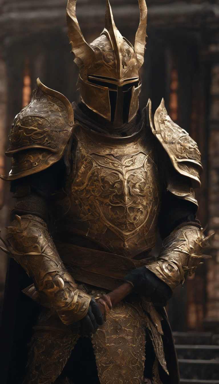 warrior, concept-art, author:Kishiganku, Fantasy art, Zen temple background, clean render, a horned, Wear a set of armor, Detailed bushido form smoke, helmet of a forgotten deity, character is standing, 8k Realistic, in game render, detailed face background detail, Art station front page, taur, Pseudo-medieval fantasy, A deity wearing koi armor, detailed bronze armor, Bronze armor, golden etched armor, gold obsidian armor, Light gold armor, Gorgeous filigree armor, A demonic warrior, Gorgeous armor full of thorns, Intricate assasin armor, Intricate metal armor, powerful warrior, Dressed in gorgeous golden armor,Decorated with intricate patterns, The helmet has a large crown and two horns, Everything is in the dark, The smoky background alludes to battle scenes, Add an ominous aura to his character,full bodyesbian