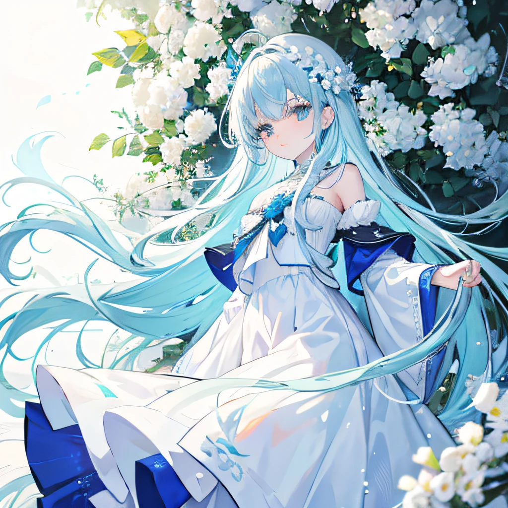 Cold girl White pupils Aqua blue hair Long hair Cold expression ,a white long skirt,Floral decoration,forest backgrou,A white garland is worn on his head