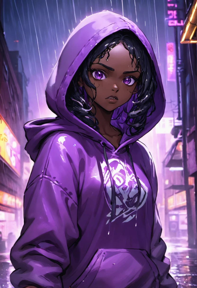Closeup photograph, confident young cyberpunk, dark skin girl with black long wavy hair wearing purple hoodie, a female apparition behind her, in a rain soaked street at night, photorealistic, cinematic lighting
