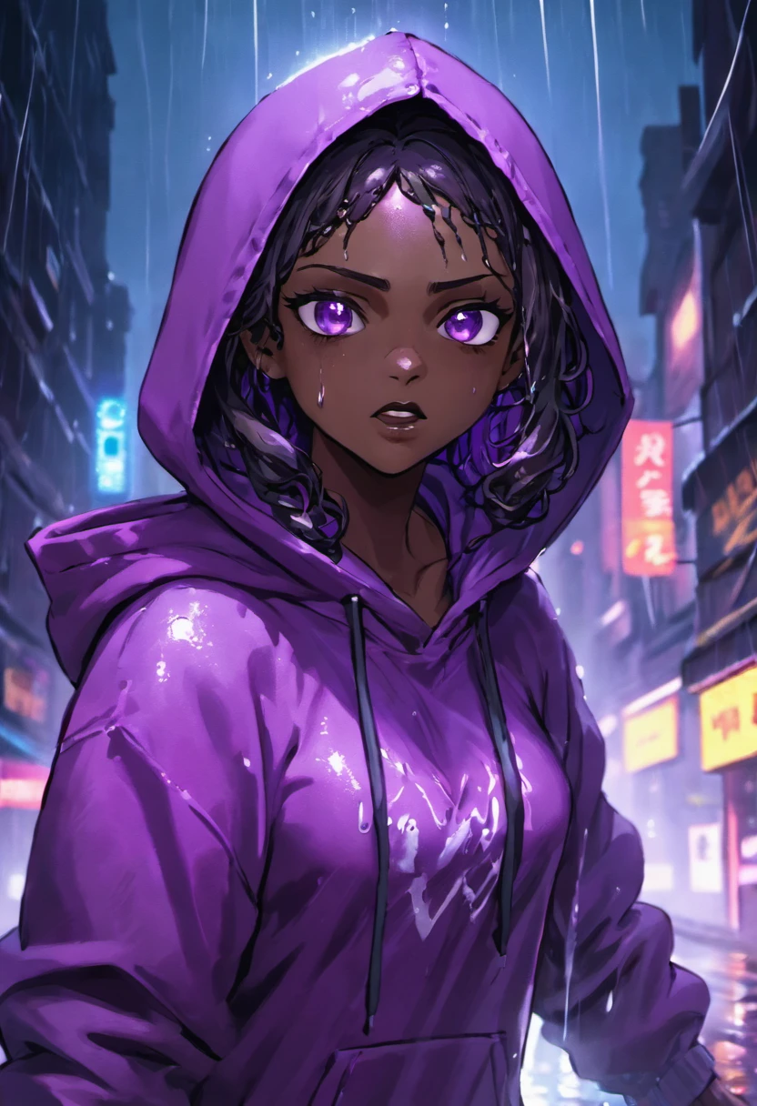 Closeup photograph, confident young cyberpunk, dark skin girl with black long wavy hair wearing purple hoodie, a female apparition behind her, in a rain soaked street at night, photorealistic, cinematic lighting