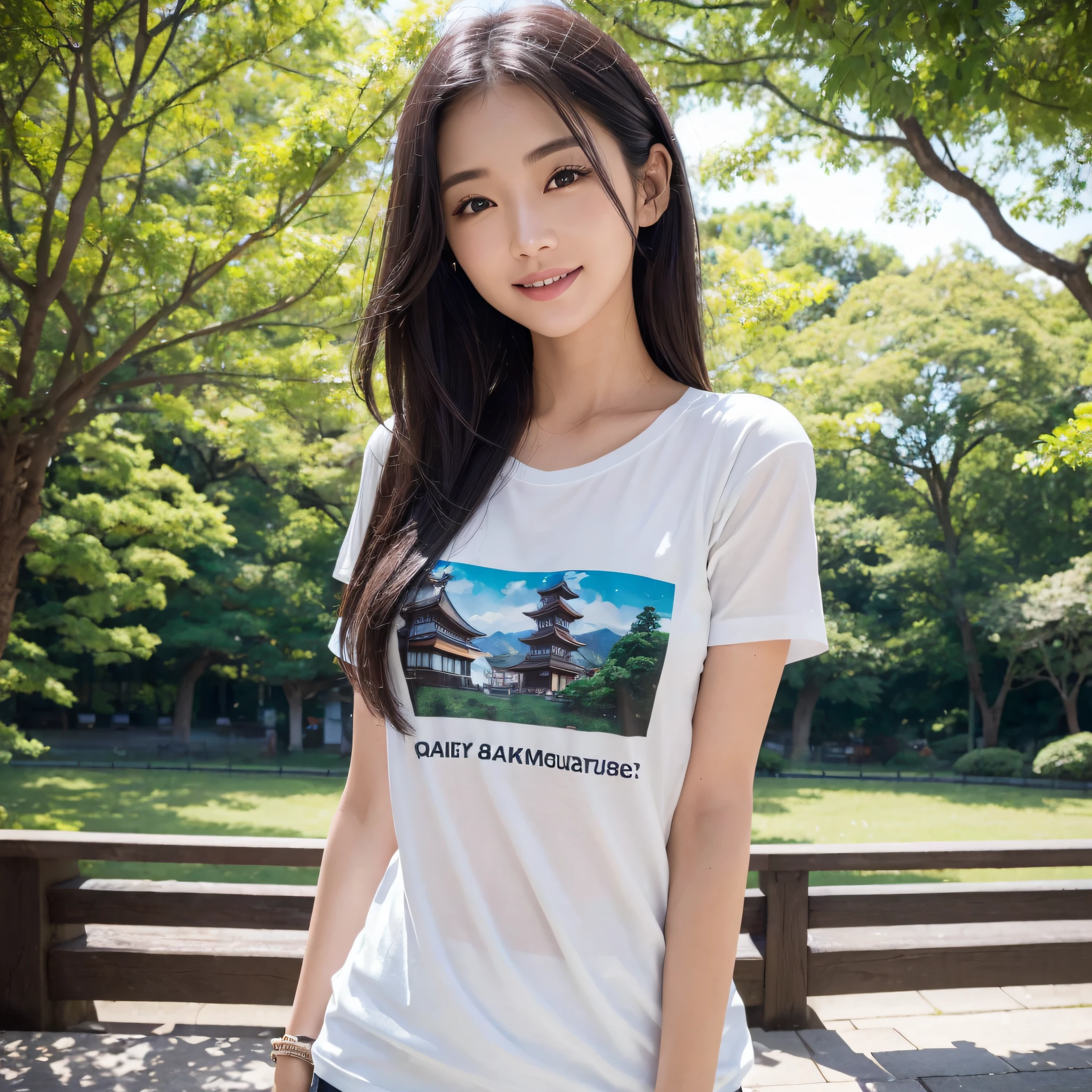 One beauty、((best qualtiy、8k masterpieces:1.3))、foco nítido:1.2、(ultra beautiful faces:1.0)、(shinny skin:1.0)、photos realistic、A dark-haired、Video Lighting、High-definition eyes and face、Video Lighting、25-year-old Japan actress、from the front side、medium breasts、Smile、Slender Abs Beauty、Whole body、Kanji for Japan「tenderness」Wearing a T-shirt、In the park in the morning