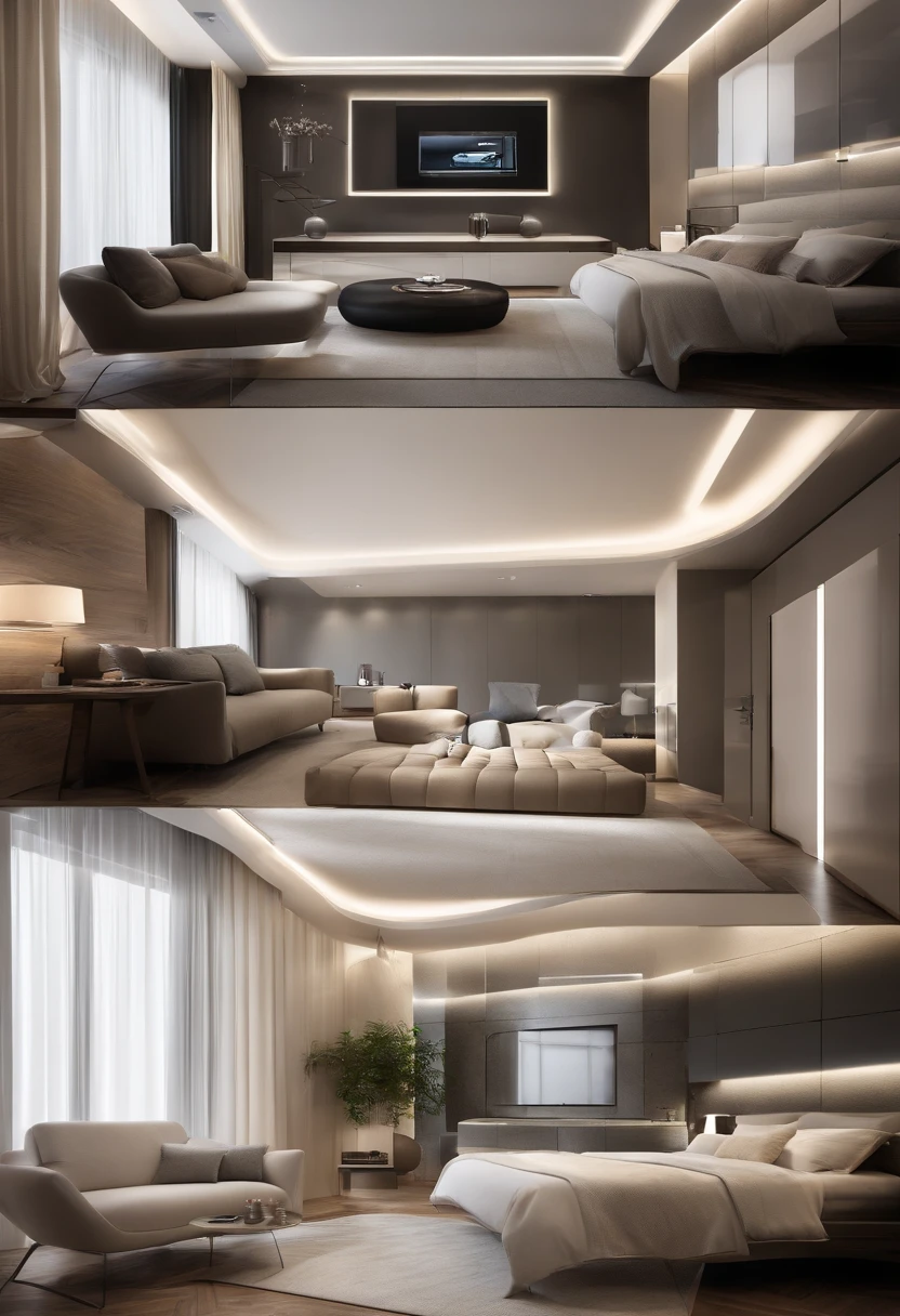 Imagine um ultramoderno, Dual-use rooms that optimize space and integrate advanced technology. Rooms are compact, Cama inteligente de parede，Can be controlled through the app, Elegante, Mesa flutuante com carregamento sem fio integrado, Janelas de vidro inteligentes，Sua tonalidade pode ser ajustada de acordo com a hora do dia. The style is ultra-modern, High-tech furniture, Smart lighting that syncs with your sleep cycle, and monochrome color scheme. The composition is a wide-angle shot, Efficient use of space and technology. Use photographic hyperrealism, altamente detalhado, and high-resolution 16k. –AR 16:9 –V 5.Tipo 2 original