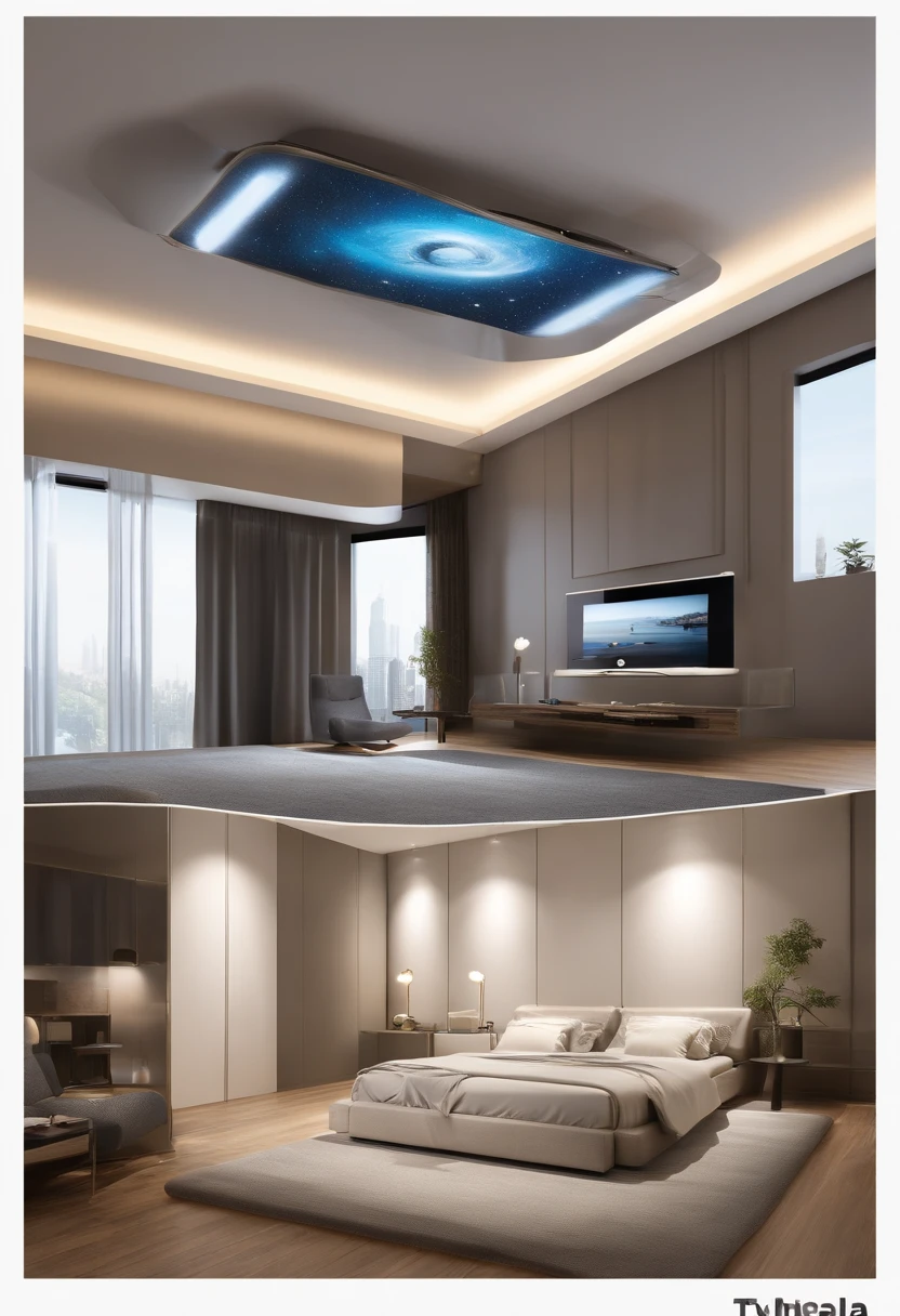 Imagine um ultramoderno, Dual-use rooms that optimize space and integrate advanced technology. Rooms are compact, Cama inteligente de parede，Can be controlled through the app, Elegante, Mesa flutuante com carregamento sem fio integrado, Janelas de vidro inteligentes，Sua tonalidade pode ser ajustada de acordo com a hora do dia. The style is ultra-modern, High-tech furniture, Smart lighting that syncs with your sleep cycle, and monochrome color scheme. The composition is a wide-angle shot, Efficient use of space and technology. Use photographic hyperrealism, altamente detalhado, and high-resolution 16k. –AR 16:9 –V 5.Tipo 2 original
