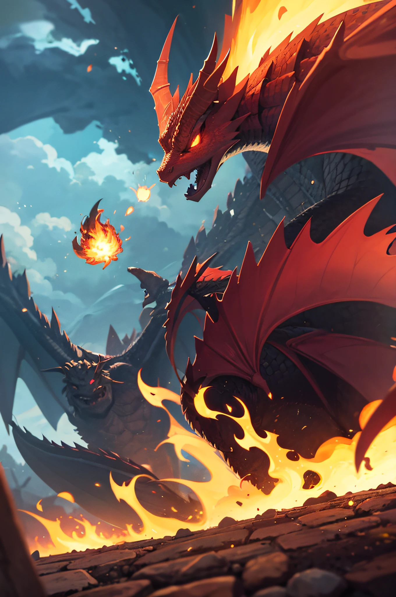 dragon attacks village with fireballs
