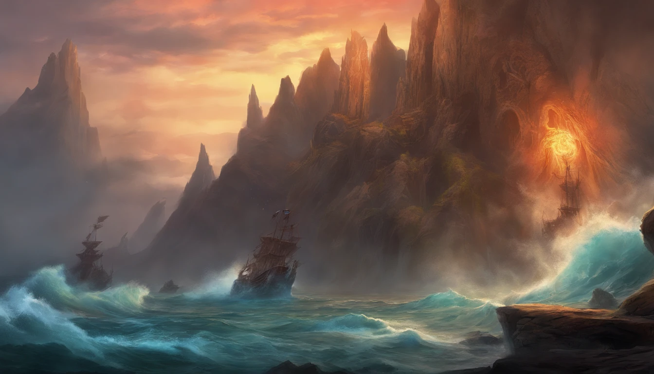 (Scylla:1.1),monster with (12 legs:1.1) and (6 heads:1.1),sticking out of the sea cliffs,illustration,powerful and intimidating presence,angry and menacing faces,each head having sharp teeth and glowing eyes,dark and gloomy atmosphere,(best quality,4k,8k,highres,masterpiece:1.2),ultra-detailed,sharp focus,physically-based rendering,detailed rock formations around Scylla,huge waves crashing against the cliffs and the monster,vivid colors contrasting with the dark surroundings,ominous clouds in the sky,dramatic lighting striking the monster and the surroundings,portraits,horrifying.