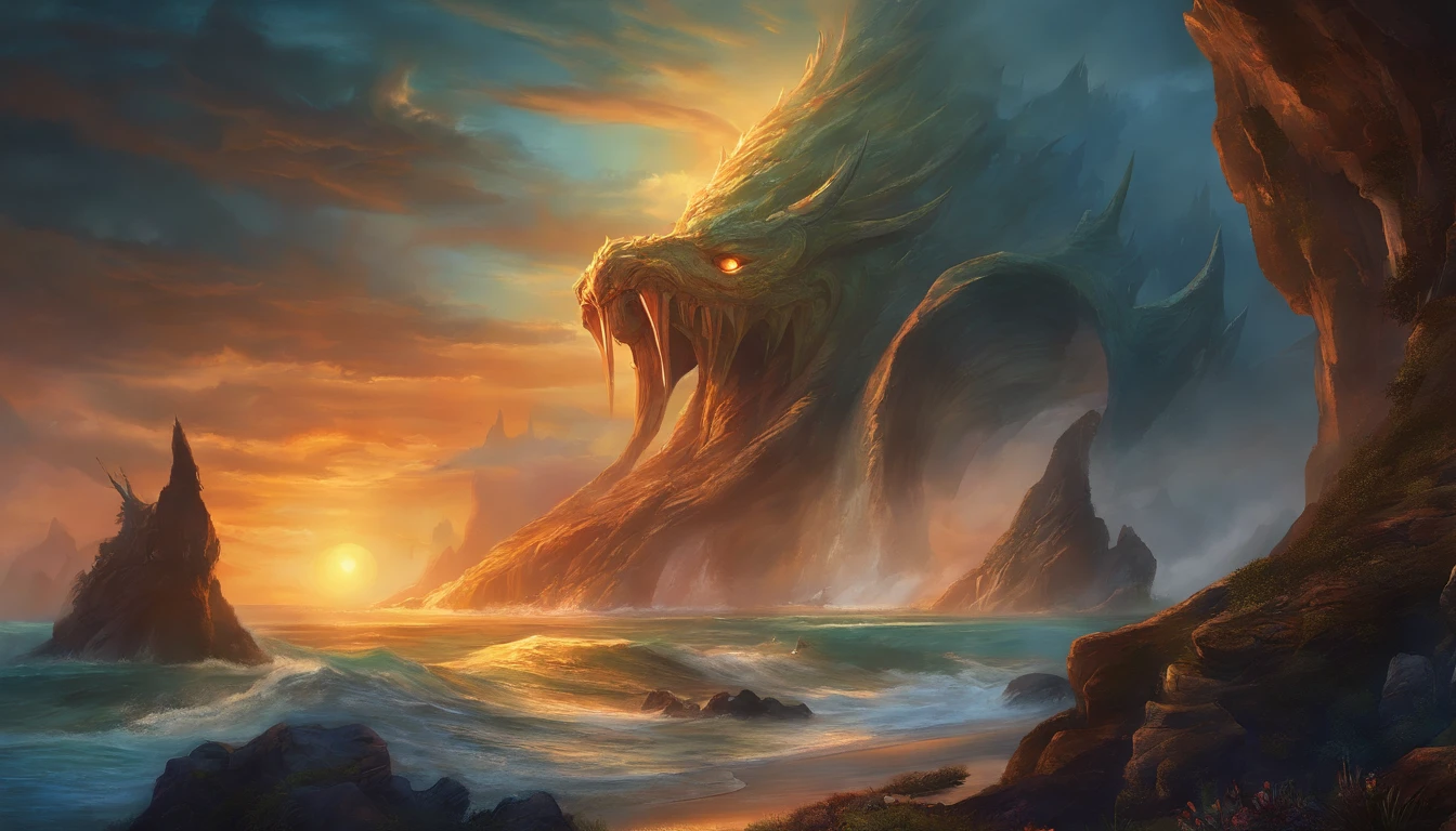 (Scylla:1.1),monster with (12 legs:1.1) and (6 heads:1.1),sticking out of the sea cliffs,illustration,powerful and intimidating presence,angry and menacing faces,each head having sharp teeth and glowing eyes,dark and gloomy atmosphere,(best quality,4k,8k,highres,masterpiece:1.2),ultra-detailed,sharp focus,physically-based rendering,detailed rock formations around Scylla,huge waves crashing against the cliffs and the monster,vivid colors contrasting with the dark surroundings,ominous clouds in the sky,dramatic lighting striking the monster and the surroundings,portraits,horrifying.