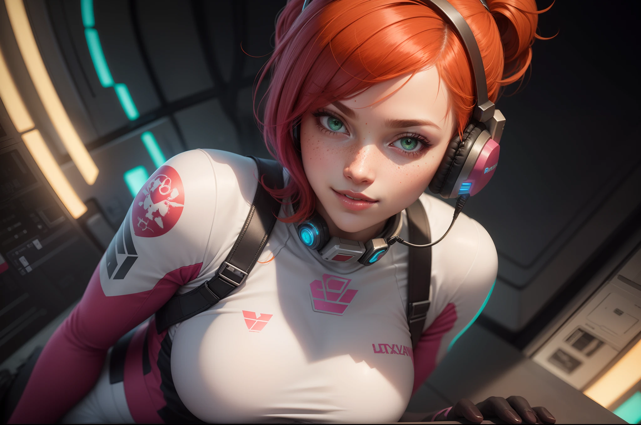 gwen tennyson,1girl,tracer,d.va,rebecca chambers,overwatch,gundam,close up,mecha pilot,space port,orange and black plugsuit,pilot jacket,hair pin,pirate corset,white long sleeve lycra top,white leggings,short hair,cute makeup,green eyes,orange and pink hair,shy smile, freckles,redhead,beautiful girl,large breasts,ultra detailed,realistic,fantasy art, gaming headset,