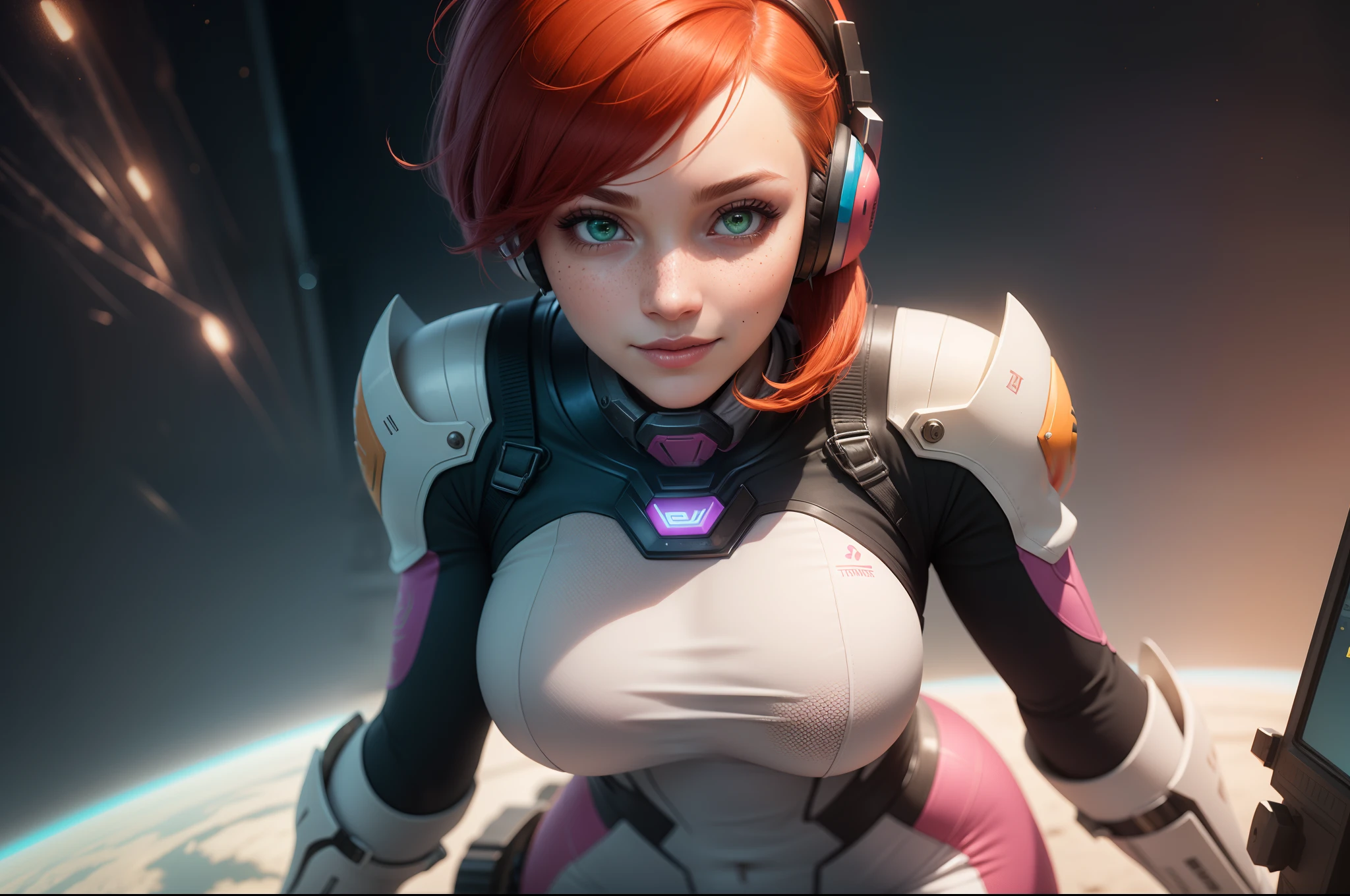 gwen tennyson,1girl,tracer,d.va,rebecca chambers,overwatch,gundam,close up,mecha pilot,space port,orange and pink plugsuit,pilot jacket,hair pin,pirate corset,white long sleeve lycra top,white leggings,short hair,cute makeup,green eyes,orange and pink hair,shy smile, freckles,redhead,beautiful girl,large breasts,ultra detailed,realistic,fantasy art, gaming headset,
