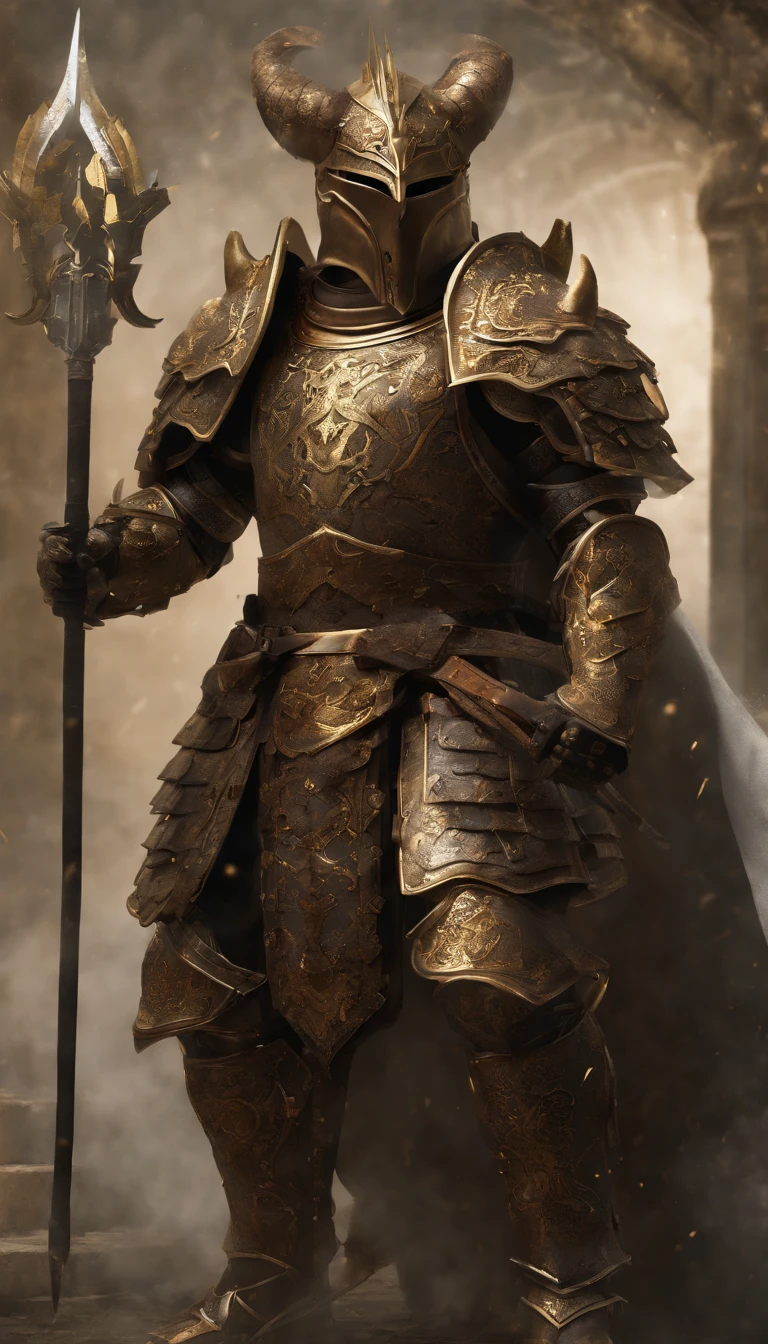 warrior, concept-art, author：Kishiganku, Fantasy art, Zen temple background, clean render, a horned, Wear a set of armor, Detailed bushido form smoke, helmet of a forgotten deity, character is standing, 8k Realistic, in game render, detailed face background detail, Art station front page, taur, Pseudo-medieval fantasy, A deity wearing koi armor, detailed bronze armor, Bronze armor, golden etched armor, gold obsidian armor, Light gold armor, Gorgeous filigree armor, A demonic warrior, Gorgeous armor full of thorns, Intricate assasin armor, Intricate metal armor, powerful warrior, Dressed in gorgeous golden armor，Decorated with intricate patterns, The helmet has a large crown and two horns, Everything is in the dark, The smoky background alludes to battle scenes, Add an ominous aura to his character，submission, Full body shot.