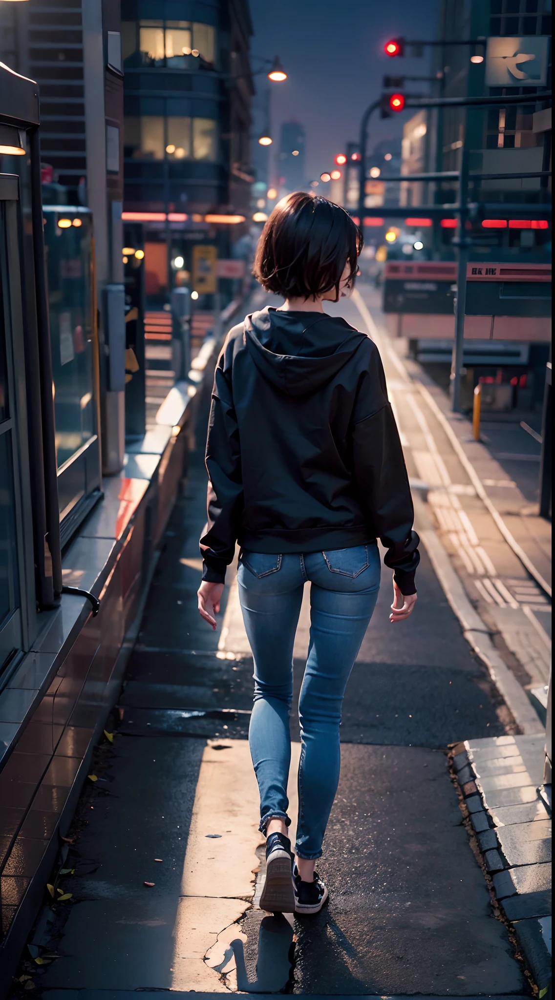 (((The line of the edge of the panties is protruding))), ((facing back)), ((Super close-up of buttocks)), ((Black skinny long jeans)), ((Sweatshirt)), A city scape, (NSFW), 1womanl, Solo, 24 year old, 7headed body, (cute  face), (Ideal ratio body proportions), (Composition from head to thigh), Smiling smile, erectile nipple, Sexy body, Wet, short-hair, Dark hair, small tits, A slender, Small buttocks, beauty legs, Skinny Legs, surrealism, Cinematic lighting, depth of fields, One-person viewpoint, F/1.8, 135 mm, nffsw, masutepiece, ccurate, ((Anatomically correct)), Textured skin, Super Detail, high details, High quality, awardwinning, Best Quality, hight resolution, 8K